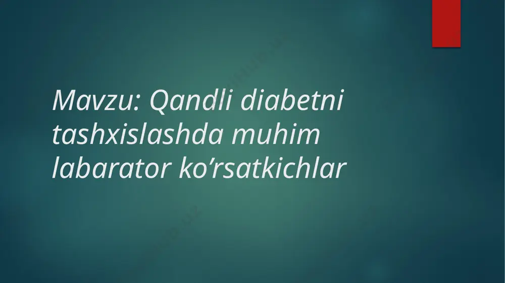 oshadi c-peptid -1-tip diabetda miqdori kamayadi, 2-tipda esa normada yoki oshgan fruktozamin – korsatkichlari keskin oshgan insulin miqdori - 1-tip diabetda miqdori kamayadi, insulinrezistent formasida esa normada yoki yengil oshgan oral glukoza tolerantlik testi skriningning maqsadi dm bilan kasallanish ehtimoli bo'lgan asemptomatik shaxslarni aniqlashdir. erta aniqlash va o'z vaqtida davolashni boshlash dm ning keyingi asoratlarini kamaytirishi mumkinligi sababli, skrining ba'zi holatlarda to'g'ri qadam bo'lishi mumkin. 2-toifa dm uchun skrining: 2-toifa dm dmning eng keng tarqalgan turi bo'lib, odatda dastlabki bosqichlarida asemptomatikdir. uning boshlanishi klinik tashxisdan taxminan 5-7 yil oldin sodir bo'ladi. dalillar shuni ko'rsatadiki, 2-toifa dmning asoratlari klinik tashxisdan ko'p yillar oldin boshlanadi. amerika qandli diabet assotsiatsiyasi ochlik plazmasidagi glyukoza yordamida ≥ 45 yoshdagi barcha asemptomatik odamlarda 2-toifa dm skriningni tavsiya qiladi. agar ochlik plazmasidagi glyukoza normal bo'lsa (ya'ni 300 mg/24 soat) o'rtasida oraliqdir. dmda mikroalbuminuriyaning ahamiyati quyidagicha: bu diabetik nefropatiyaning eng erta belgisidir. erta diabetik nefropatiya tiklanishi mumkin. bu …