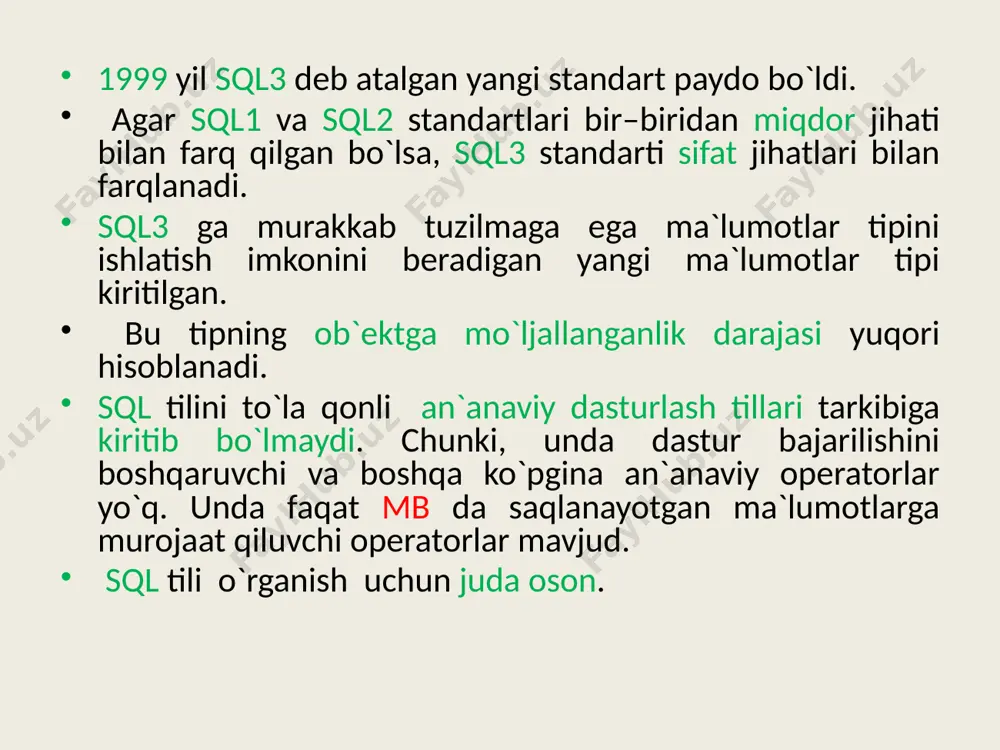 shi natijasida yuz bergan o`zgarishlarni bekor qilish savepoint tarnzaktsiya bajarilishida oraliq nuqta saqlash mb ni oraliq holatini saqlash. bu keyinchalik shu holatga qaytish uchun zarur bo`ladi. sql operatorlarini yozish 4 jadval. ma`lumotlarni manipulyatsiyalash operatorlari dmp (data manipulation language) operator ma`nosi amal delete satrni o`chirish fil’tr shartini qanoatlantiruvchi muvofiq bir yoki bir necha satrni o`chiradi. insert satrni qo`yish jadvalga bitta satrni qo`yish. bu operatorning boshqa modifikatsiyalarida biror jadvalning bir necha satri yoki so`rov natijasi jadvalga qo`yilishi mumkin. update satrni yangilash bitta yoki fil’tr shartini qanoatlantiruvchi bir necha ustunlaridagi bitta yoki ko`proq ustunlardagi qiymatlarni almashtirish sql operatorlarini yozish 5-jadval. dql (data query language) so`rov tili so`rov select operatori yordamida bajariladi va uning sintaksisi quyidagicha: select [all/distinct] /* from [where ] [order by ] [group by ] [having ] [union ] operator ma`nosi amal select satrni tanlash relyatsion algebraning barcha amallarini bajaruvchi operator bo`lib so`rovga mos natijaviy jadvalni hosil qiladi. ma'lumotlar olish (select) …