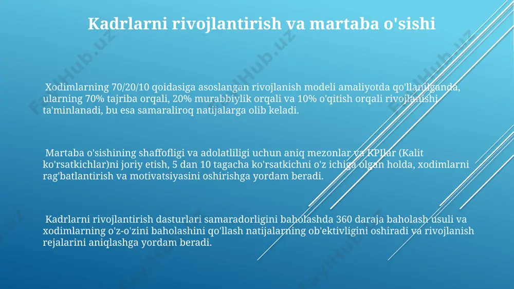 boshqarish tizimlarida hr-analitika vositalaridan foydalanish, masalan, ish samaradorligini 15% ga oshirishga yordam beradigan ma'lumotlar tahlili va prognozlash imkoniyatlarini beradi. zamonaviy kadrlarni boshqarish texnologiyalari, xodimlarning malaka oshirish ehtiyojlarini aniqlash uchun 360 daraja baholash va kompetensiya asosidagi treninglarni qo'llab-quvvatlaydi. bulutli texnologiyalar yordamida kadrlarni boshqarish jarayonlarini avtomatlashtirish, xarajatlarni 20% ga kamaytirish va ma'lumotlar xavfsizligini ta'minlash imkonini beradi. kadrlar siyosati va strategiyasi samarali kadrlar strategiyasi, ishga qabul qilish jarayonini optimallashtirish orqali, 20% gacha vaqtni tejashga va 15% gacha ishga joylashtirish xarajatlarini kamaytirishga yordam beradi. kadrlar siyosati kompaniyaning umumiy strategiyasi bilan chambarchas bog'liq bo'lib, uzoq muddatli maqsadlarga erishish uchun 5-10 yillik istiqbolni o'z ichiga oladi va malakali mutaxassislarni jalb qilish, o'qitish va saqlab qolish mexanizmlarini belgilaydi. kadrlar siyosati hujjatida, xodimlarni baholash tizimi, ish haqi va rag'batlantirish tizimlari, shuningdek, kamida 3 ta turdagi trening dasturlarini o'z ichiga olgan aniq ko'rsatkichlar va mezonlar ko'rsatilishi kerak. kadrlarni tayyorlash va qayta tayyorlash kadrlarni tayyorlash va qayta tayyorlash jarayonida 30% …