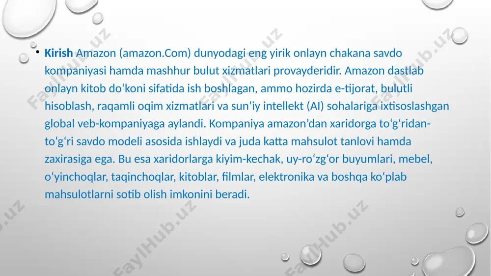 y intellekt va avtomatlashtirilgan tizimlar orqali yetkazib berish jarayonini takomillashtirish. amazon ushbu strategiyalar orqali xaridorlarga tez va ishonchli xizmat ko‘rsatishga harakat qiladi. ma'lumotlarga asoslangan yondashuv amazon o'z mijozlarini o'rganishga katta mablag' sarflagan. auditoriyani yanada aniqroq nishonga olish uchun iste'molchilarning xarid qilish odatlarini tushunish zarur edi. amazon muntazam mijozlarning xarid qilish tendentsiyalari bo'yicha statistik ma'lumotlarga ega. masalan, qachon xarid qilinishi va qancha to'langanligi haqidagi ma'lumotlar yig'iladi. har yili amazon o'z natijalarini baham ko'rish uchun iste'molchilarning xulq-atvori haqidagi hisobotni e'lon qiladi. 2021 yilgi tadqiqotning asosiy xulosalari quyida keltirilgan. birinchidan, mijozlarning 57%i epidemiyadan oldingi davrga nisbatan hozir onlayn xarid qilishda ko'proq ekanliklarini bildirganligi sababli, bu tendensiya dominant bo'lib qoladi. ikkinchidan, epidemiya davomida mijozlarning 60%i ilgari sinab ko'rmagan brendlardan mahsulot sotib olishganini aytishgani, iste'molchilarning ilgari ko'proq brendga sodiq bo'lganliklariga qaraganda hozirgi kunda sodiqlik darajasi pasayganligini ko'rsatmoqda. mijozlar amazonning reklamalariga javob bermoqda: foydalanuvchilarning 55%i qidiruv natijalari sahifalarida ularni sezayotganliklarini bildiradilar, va 27 dan 40 yoshgacha …