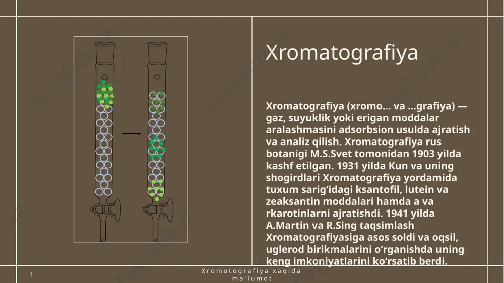 vchi solingan petri idishida diametri 2mm kattalikda tirqish bo‘ladi. aniqlanuvchi modda qog‘ozga tomiziladi. tirqishga filtr qog‘oz o‘rnatiladi va erituvchiga solinadi. xromatogrammada hosil bo‘lgan dog‘lar 2 xil usulda ochiladi: kimyoviy va fizikaviy. 6 xromatografiyalash uslubi 20гг 8 xromatografiya uslubi kimyoviy usul. plastinkalar reaktivlar bilan purkaladi (purkagich yordamida) va rangli dog‘lar hosil bo‘ladi. plastinkalardagi dog‘lami yodning bug‘lari bilan ishlash yordamida ham aniqlash mumkin. fizikaviy usul. ba‘zi moddalar o‘z tarkibida xromofor guruhlarni saqlagani uchun ub-nurda tovlanadi (flyuoressensiyalanadi). agar moddalar tovlanmaydigan bo‘lsa, unda sorbent tayyorlanayotganda flyuoressen indikatori yoki zns qo‘shiladi. ba‘zida, masalan radioaktiv modda dog‘larini aniqlashda, sorbent qatlamidan erituvchi uchib ketganidan keyin unga fotosezgir plenka yoki qog‘oz yopishtiriladi, ma‘lum vaqt o‘tgandan keyin plenka yoki qog‘ozda radioaktiv moddalarning qora dog‘i hosil bo‘ladi. 7 xromatografiyalash uslubi 20гг 9 uch xil xususiyat uchun xromatografik tahlil: 1. ajratish mexanizmi. 2. tajriba tamoyili. 3. ko'chma va statsionar fazalarning birlashgan holatiga ko'ra tasniflanadi 10 заголовок презентации 20гг xromatografiyaning tasnifi ajratish …