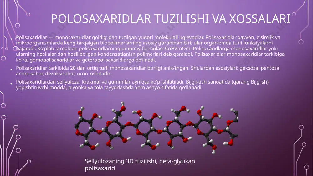 ydigan boʻlishi mumkin. agar polisaxariddagi barcha monosaxaridlar bir xil boʻlsa, ularnigomopolisaxarid yoki gomoglikan deb ataladi, ammo bir nechta monosaxaridlar mavjud boʻlsa, ular geteropolisaxaridlar yoki heteroglikanlar deb ataladi. amiloza glyukozaning chiziqli polimeri boʻlib, asosan a(1→4) bogʻlar bilan bogʻlangan. u bir necha minglab glyukoza birikmalaridan iborat boʻlishi mumkin. bu kraxmalning ikkita komponentidan biri, ikkinchisi amilopektindir. polisaxaridlar tuzilishi va xossalari tabiiy saxaridlar odatda monosaxaridlar deb ataladigan oddiy uglevodlardan iborat boʻlib, umumiy formulasi (ch2o)n boʻlib, bu yerda n uch yoki undan koʻp. monosaxaridlarga misollar glyukoza, fruktoza va glitseraldegidlar boʻlishi mumkin[3]. polisaxaridlar esa cx(h2o)y ning umumiy formulasiga ega, bunda x odatda 200 dan 2500 gacha boʻlgan katta sondir. polimer magistralidagi takrorlanuvchi birliklar oltita uglerodli monosaxaridlar boʻlsa, odatda boʻlgani kabi, umumiy formula (c6h10o5)n ga soddalashadi, bu yerda odatda 40 ≤ n ≤ 3000 ga teng. qoida tariqasida, polisaxaridlar oʻndan ortiq monosaxarid birlikmalaridan iborat modda. oligosaxaridlar esa uchtadan oʻntagacha monosaxarid birlikmalarini oʻz ichiga oladi, ammo aniq konventsiyaga …