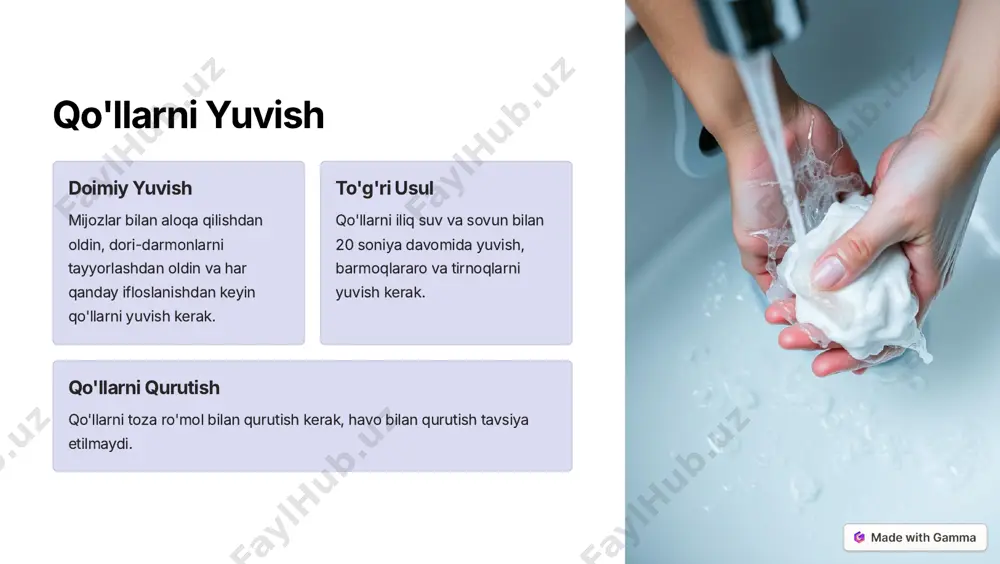 tazam tozalash dorixona har kuni tozalash kerak, tozalikni ta'minlash uchun tegishli dezinfektsiyalash vositalaridan foydalanish kerak. 2 tozalikni tekshirish tozalikni muntazam tekshirish kerak, tozalik standartlariga javob berilishiga ishonch hosil qilish kerak. 3 tozalikni qayd etish tozalik ishlari qayd etilib borilishi kerak, qaydlar saqlanishi kerak. https://gamma.app/?utm_source=made-with-gamma xodimlarni o'qitish sanitariya qoidalari xodimlar sanitariya qoidalari bilan tanishishlari kerak. xavfsizlik xodimlar xavfsizlik choralarini bilishlari va ularga rioya qilishlari kerak. dori-darmonlarni saqlash xodimlar dori-darmonlarni saqlash qoidalarini bilishlari kerak. https://gamma.app/?utm_source=made-with-gamma muammolarni hal qilish ma'lumot berish xodimlar mijozlarga sanitariya qoidalari haqida ma'lumot berishlari kerak. savolga javob berish xodimlar mijozlarning sanitariya qoidalari bo'yicha savollari javob berishlari kerak. muammoni hal qilish xodimlar sanitariya qoidalari buzilgan hollarda muammoni hal qilishlari kerak. https://gamma.app/?utm_source=made-with-gamma