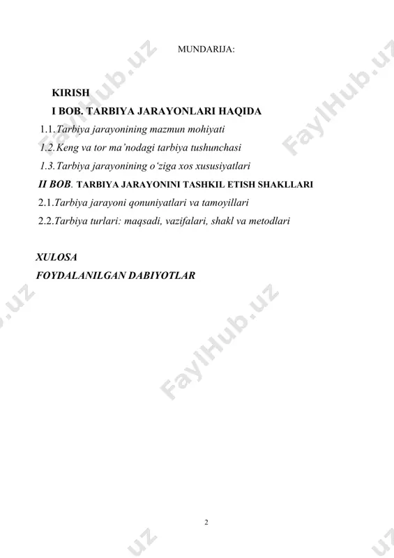 tarbiya tamoyillari kurs ishining maqsadi, o‘quvchilarning o‘zlarini va boshqalarini ta’lim, madaniyat va insoniyatning qadimiy qadriyatlariga mos kelib chiqishga tayyorlashga qaratilgan usullar va shakllarni o‘rganish va ularni amalga oshirishga yordam berishdir. predmet: tarbiya tamoyillari kurs ishida o‘quvchilar ta’lim jarayonida qo‘llaniladigan usullar va shakllarni o‘rganish, ulardan foydalanish va ularni amalga oshirish bo‘yicha tushunchalarini rivojlantirish, ularning o‘zlarini va boshqalarini rivojlantirishda mos keladigan individual usullarni tanlash va ularni amalga oshirish bo‘yicha ko‘nikmalarini oshirishdir. kurs ishining vazifasi: tarbiya tamoyillari kurs ishi, o‘quvchilar uchun ta’lim jarayonida mos keladigan usullar va shakllarni tahlil qilish, ularning o‘zlarini rivojlantirishda mos keladigan individual usullar va shakllarni tanlash, ularni amalga oshirish va ulardan foydalanish bo‘yicha qo‘llanmalar va yo‘llar ko‘rsatishdir. kurs ishi, o‘quvchilarning o‘zlarini va boshqalarini ta’lim, madaniyat va insoniyatning qadimiy qadriyatlariga mos kelib chiqishga tayyorlashda yordam beradi va ularning kasbiy rivojlanishlariga yordam beradi. i bob. tarbiya jarayonlari haqida 1. tarbiya jarayonining mazmun mohiyati tarbiya haqida gaplashadigan bo‘lsak – aniq maqsadga yo‘naltirilgan …