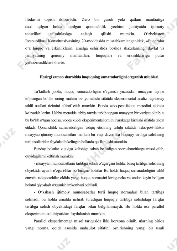 dagi farqlar bilan belgilanmaydi. bu holda esa parallel eksperiment uslubiyotidan foydalanish mumkin. parallel eksperimentga misol tariqasida ikki korxona olinib, ularning birida yangi norma, qoida asosida mahsulot sifatini oshirishning yangi bir usuli qo‘llanilishi, boshqasida esa qo‘llanilmasligi, tajriba oxirida uning natijalari solishtirilishini keltirish mumkin. maboda, mahsulot sifatini oshirishga doir yangi qoidalarn, normalar joriy etilgan korxonada mahsulot sifati oshishiga erishilsa, buni mazkur normalar samaradorligi bilan aynan tenglashtirib ham bo‘lmaydi. zero, mahsulot sifatining ortishi -bu sohadagi ijtimoiy munosabatlarni tartibga solishning maqsadi bo‘lmay, balki uning natijasidir. ayni paytda, mahsulot sifatining oshishi - ushbu sohadagi munosabatlarni tartibga soluvchi normalar mazkur munosabatlarning rivojlanishini, obyektiv ehtiyojlarini to‘g‘ri ifoda etganligi, boshqacha qilib aytganda, ushbu normalar «o‘z vaqtida» va «o‘z o‘rnida» ekanligi ko‘rsatadi. muhimi, mazkur munosabat qatnashchilari manfaatlari muvozanatini o‘zida to‘g‘ri ifodalaganligidan dalolatdir. shunday bo‘lishi mumkinki, yangi normalar kuchga kiritilishi natijasida mahsulot sifati ancha ko‘tarilishi mumkin, biroq ishchilarning ko‘pchiligi normalarda mustahkamlangan talablarga e’tiroz bildirishi mumkin, bu holda mazkur normalarning samaradorligi …