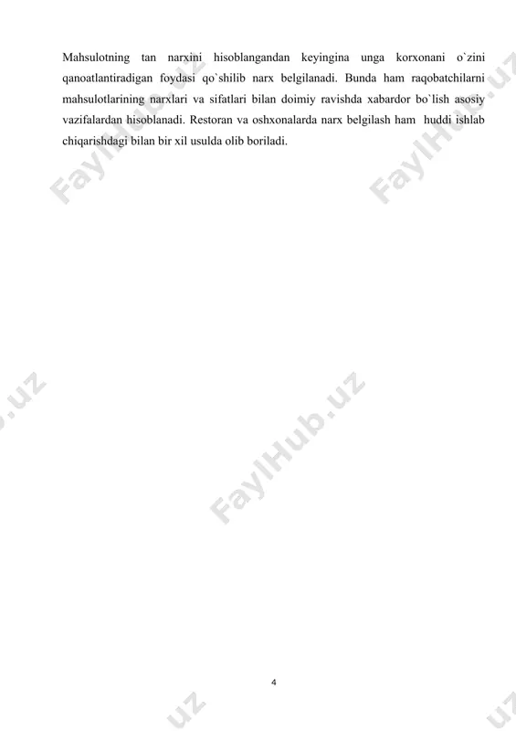 oq bagʻishlaydi; 3)raqobat vositasi vazifasi — narx raqibni bozordan si-qib chiqarish va bozorda oʻz mavqeini mustahkamlash uchun ishlatiladi. raqo-batchilar narxni oʻzgartirib turish, uni sharoitga qarab turlicha belgilash or-qali oʻzaro bellashadilar. narx raqobatlashuvning iqtisodiy vositasi hisoblanadi; 4) iqtisodiyotni tar-tiblash vazifasi — narx bozor mexanizmidagi asosiy iqtisodiy dastak yoki vosita. narx oʻzgarishiga qarab nimani va qancha ishlab chiqarish kerakligi aniklanadi. muayyan tovarlar narxining oshishi ularni koʻplab ishlab chiqarish kerakligini bildiradi, aksincha, narxning pasayishi tovar ishlab chiqarishni kamayishi yoki umuman toʻxtatilishi lozimligini anglatadi. narxga qarab bozori kasod tovarlardan voz kechilib, bozori chaqqon tovarlarni ishlab chiqarishga oʻtiladi. bu esa resurslarning bir sohadan ikkinchisiga oqib oʻtishi-ga, eski soha qisqarib, yangi soxaning tez rivojlanishiga olib keladi. narx resurslarni qayta taqsimlash orqali iqtisodiyotni tartiblaydi. iqtisodiyotning turli tarmoqlarida tovarlar va xizmatlar oldi-sotdisida qullanilishi narx tizimini yaratadi. milliy iqtisodiyot holatini hisoblashda joriy va qiyosiy narxlar qoʻllaniladi. joriy narxlar amaldagi narxlar boʻlib, ular yordamida yil davomidagi ishlab chiqarish natijalari hisoblanadi. …