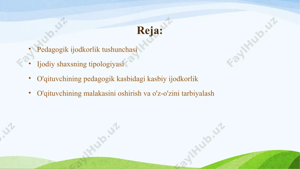 irish jarayonida yangi pedagogik tizimlar, pedagogik jarayonlar va pedagogik vaziyatlarni izlash va yaratish mavjud bo'lib, ularning maqsadi o'quvchilarning bilim olish samaradorligini oshirishdir. ijodkorlikning texnologik turiga, masalan, integral ta’limni yaratish yoki o‘quvchilar uchun ishlab chiqarish ta’limining brigadaviy shakli, yoki litsey, kollej yoki axborot texnologiyalari bo‘yicha ta’lim va boshqalarni kiritish mumkin. tashkiliy ijodkorlik tashkiliy ijodkorlikning mohiyati rejalashtirishning yangi usullarini, nazorat qilishning yangi usullarini, kuchlarni moslashtirishning yangi usullarini, resurslarning yangi usullarini yaratishga qaratilgan boshqaruv va tashkiliy faoliyat sohasida amalga oshiriladigan boshqa turdagi ijodkorlikda yotadi. safarbarlik, shuningdek, atrof-muhit bilan muloqot, talabalar va o'qituvchilar o'rtasidagi o'zaro munosabatlar va boshqalar ijodkorlik ijodkorlik - mavjud tajribani qayta tashkil etish va bilim, ko'nikma, mahsulotlarning yangi kombinatsiyalarini shakllantirish asosida ilgari mavjud bo'lmagan yangi narsalarni yaratadigan faoliyat. ijodkorlik bir necha darajalarga ega. bir darajada, ijodkorlik allaqachon mavjud bilimlardan foydalanish va uning ko'lamini kengaytirish bilan tavsiflanadi; boshqa darajada fan yoki bilim sohasining odatiy ko'rinishini o'zgartiradigan mutlaqo yangi yondashuv yaratiladi. pedagogik ijodkorlikni …