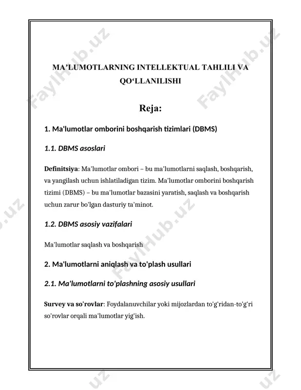nidan ishlab chiqilgan ims (information management system) hisoblanadi. ims dan so'ng, 1970-yillarda e.f. codd tomonidan ishlab chiqilgan relyatsion ma'lumotlar bazalari konsepsiyasi ko'pchilikka ma'lum bo'ldi. bugungi kunda relyatsion ma'lumotlar ombori konsepsiyasi ko'plab dbmslarning asosini tashkil qiladi. ma'lumotlar omborlarini boshqarish tizimlarining asosiy vazifalari quyidagilardan iborat: 1. **ma'lumotlarni saqlash**: ma'lumotlar omborlari turli formatdagi katta hajmdagi ma'lumotlarni saqlash imkonini beradi. masalan, sql (structured query language) relyatsion ma'lumotlar omborida ma'lumotlar jadvallar shaklida saqlanadi. 2. **ma'lumotlarni qidirish va tanlash**: dbms foydalanuvchilarga ma'lumotlar omborida saqlangan ma'lumotlarga kirish va ularni tezkor qidirish imkoniyatini taqdim etadi. masalan, katta hajmdagi ma'lumotlar ichidan kerakli ma'lumotlarni qidirish buyruqlari bilan amalga oshiriladi. 3. **shaxsiylashtirilgan huquqlar boshqaruvi**: dbms foydalanuvchilar uchun turli darajali kirish huquqlarini belgilash imkoniyatini beradi. ma'lumotlar xavfsizligini ta'minlash uchun har bir foydalanuvchi o'zining roliga mos ravishda kirish huquqlariga ega bo'ladi. 4. **ma'lumotlarning yaxlitligini ta'minlash**: dbms ma'lumotlarning yaxlitligi va izchilligini saqlash uchun turli mexanizmlar orqali nazorat qiladi. bu ma'lumotlar o'zgartirilganda yoki yangilanganida, noto'g'ri …