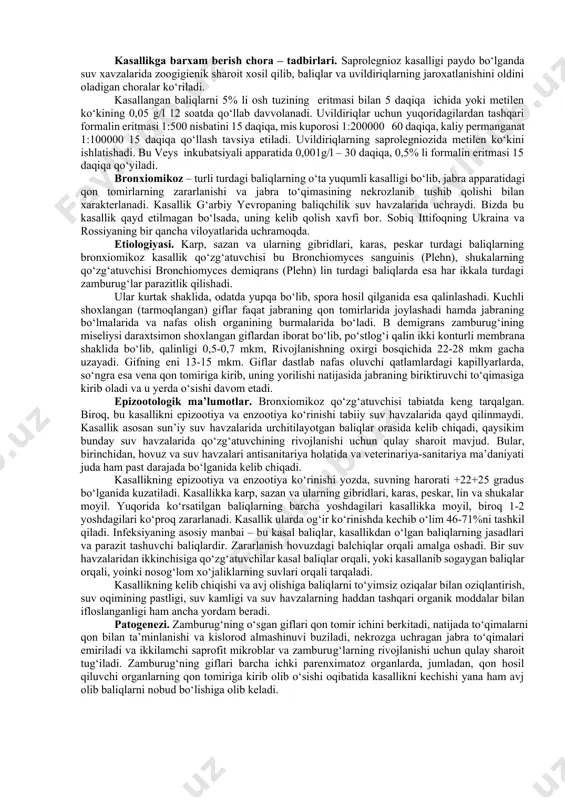 ozning o‘tkir davrida quyidagilar kuzatiladi: tangachalarning teshilib qolishi, ekzoftalmiya, gemmoragik – seroz yoki yarali dermatit xolati kuzatiladi, skelet muskullarining mumsimon nekrozi, kataral – gemmoragik enterit, splenit, ensefalit, yurakdagi nuqtali gemmoragiya, assit (qorin bo‘shlig‘ida qonli yoki dildiroq yiring yig‘ilishi) surunkali davri yarali dermatit va binafsha – ko‘k rangli chandiq paydo bo‘lishi bilan xarakterlanadi. kasallikga barham berish chora–tadbirlari. kasallik tarqalgan xo‘jaliklarda karantin e’lon qilinadi. bunday xovuzlarga aloxida ishchilarni navbatchilikga qo‘yishadi. halok bo‘lgan baliqlarning murdalarini 20%li xlorli oxak yordamida zararsizlantiradi va tuproqga ko‘mib tashlashadi. kuzda xovuzlar bo‘shatiladi, sog‘lom baliqlar sotuvga chiqariladi. baliqli xovuzlar butun yil davomida tozalanadi, buning uchun (25 s/ga) so‘ndirilgan va (3 – 5 s/ga) xlorli oxak ishlatiladi. xovuz tuprog‘iga sabzavotlar va o‘simliklar ekiladi. tozalash ishlari tugagach, klinik tekshirishlar yaxshi natija bergach karantin xolati olib tashlanadi. baliqlarning (dermatomikoz) va ikralarning (bissus) saprolegniozi. chuchuk suv xavzalarining baliqlari kasallanadi. bu kasallikda teri, suzgichlar, jabra apparati va ko‘payish davrida ikralarning zararlanishi kuzatiladi. kelib chiqishi. …