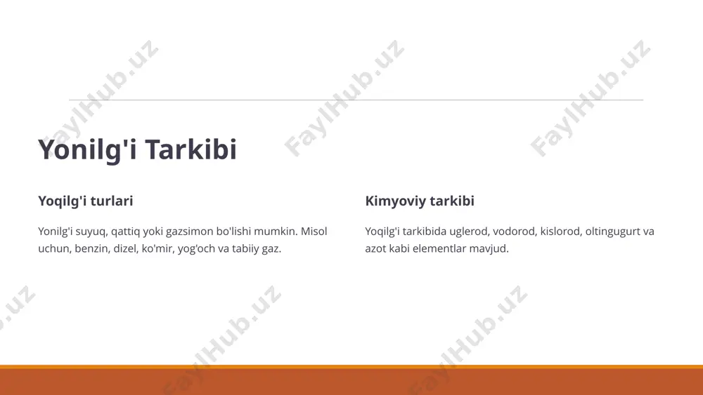 amaradorligini baholash mezonlari 1 issiqlik samaradorligi yoqilg'idan olingan foydali issiqlik miqdori. 2 emissiya darajasi zararli gazlar chiqarish miqdori. 3 yoqilg'i sarfi yoqilg'i iste'moli miqdori. 9 xulosa va tavsiyalar yoqilg'i yonish jarayoni sanoat va transport sohalarida muhim rol o'ynaydi. zamonaviy texnologiyalar samaradorlikni oshirishga, emissiyani kamaytirishga va xavfsizlikni ta'minlashga yordam beradi. 10 image2.png image3.png image4.png image5.png image6.png image7.png image8.png image9.png image10.png image11.png image12.png image13.png image14.png image15.png image16.png