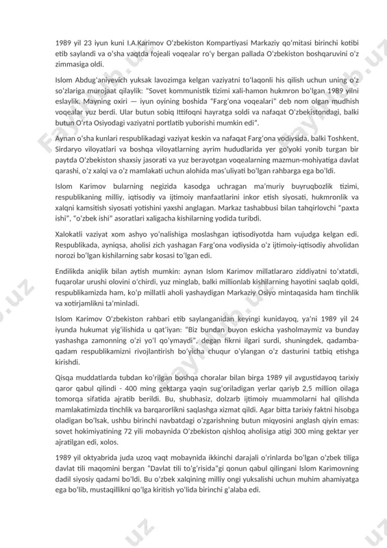. u vaziyatni tushungan va uni yaxshi tomonga o‘zgartishni xohlagan holda o‘zbekiston kompartiyasi markaziy qo‘mitasiga “o‘zbekiston iqtisodiyoti rivojlanishi muammolari va istiqbollari haqida”gi ma’lumotnoma tayyorladi. u jiddiy va aniq choralar ko‘rilishiga umid qilgandi. lekin vujudga kelgan vaziyat rahbariyatning shu darajada g‘azabiga sabab bo‘ldiki, uning toshkentda bundan buyon qolishga imkoni yo‘q edi. “nomaqbul” i.a.karimovdan qutulish istagi shunchalik kuchli ediki, shu tufayli partiya tomonidan viloyat partiya qo‘mitasi birinchi kotibi lavozimiga tayinlashning belgilangan tartibi buzildi. shunday qilib, u siyosiy byuro yig‘ilishida qashqadaryo viloyati partiya qo‘mitasi birinchi kotibi lavozimiga sirtdan tayinlandi. amalda bu uning markazdan uzoqroqqa “surgun qilinishi” edi. islom abdug‘aniyevich juda murakkab viloyatga yuborilgan edi. butun o‘zbekistonda ijtimoiy-iqtisodiy vaziyat oson emasdi, qashqadaryo viloyatida esa vaziyat ancha murakkablashgan edi, chunki avvalgi viloyat rahbariyati xalqning ko‘z ongida o‘zi obro‘sini tushirgan, u yerda partiya rahbarlariga nisbatan ishonch umuman yo‘q edi. ehtimol, islom abdug‘aniyevichning qashqadaryoga tayinlanishi uni sindirish uchun kerak bo‘lgandir, biroq bu aksincha uning taqdirida burilish yasadi. …