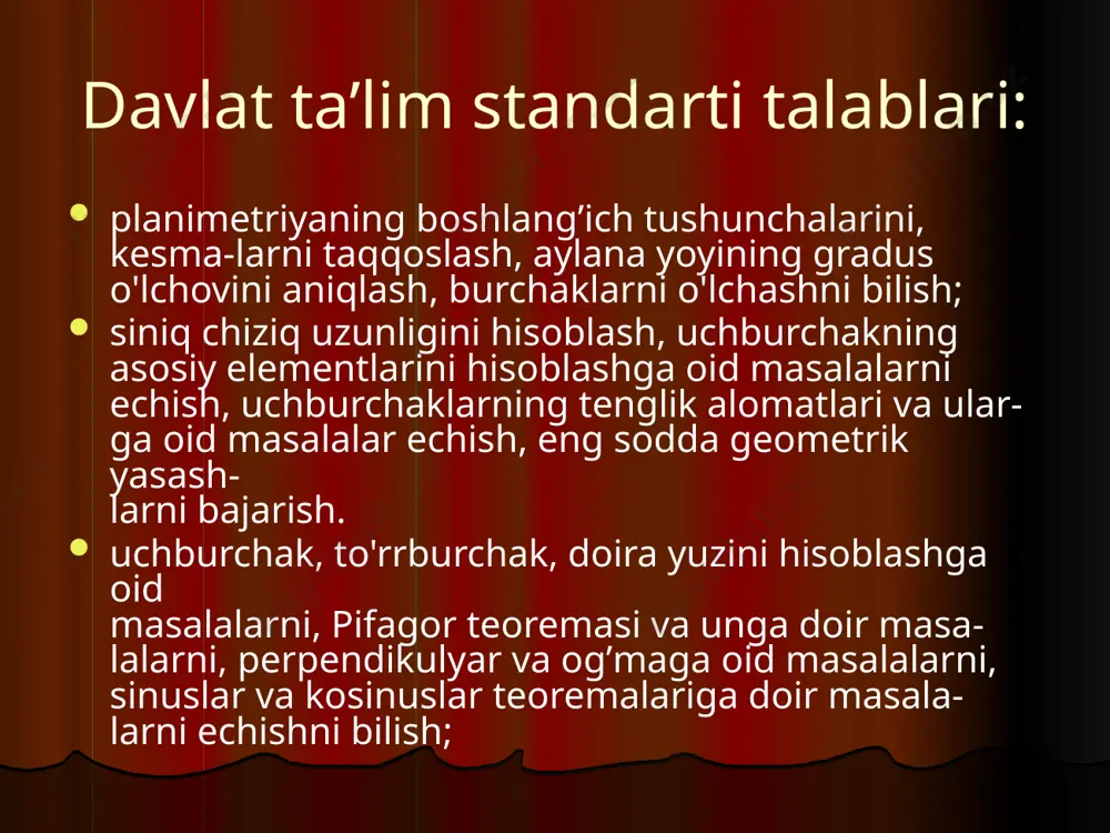 an hosil bo’gan. biz geometriyani o’rganishni planimet- riyadan boshlaymiz. planimetriya - bu geometriyaning bir bo’limi, unda tekslik- dagi shakllar o’rganiladi. nuqta va to’gri chiziq geometriyaning asosiy tushunchalaridan bo’lib, ularga ta’rif berilmaydi. nuqta va to’gri chiziq orqali boshqa geometrik shakllarlarga ta’rif beriladi. geometrik shakllar: nur kesma siniq chiziq burcak uchburchak to’rtburchak ko’burchak aylana doira nur bir tomoni chegaralangan to’g’ri chiziq nur deyiladi. 2. kesma ikki tomoni chegaralangan to’g’ri chiziq kesma deyiladi. b a a siniq chiziq abcdefk-siniq chiziq a,b,c,d,e,f,k-s siniq chiziqning bo’g’nlari ab; bc; cd; de; ef; fk- s siniq chiziqning kesmalari ab+bc+cd+de+ef+fk- siniq chiziqning uzunligi a b c d e f k burchak: to’g’ri burchak o’tmas burchak qo’shni burchak yoyiq burchak a a a o o a o b b o’tkir burchak a b c vertikal burchak a o c d a o b c o b uchburchak. abc-uchburchak a.b.c- uchlari α, ,β ,γ- burchaklari a, ,b , c-uchburchakning tomonlari …