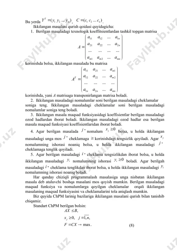 isbаtаn ikkilangan mаsаlа dеb аtаluvchi bоshqа mаsаlаni mоs qoyish mumkin. bеrilgаn mаsаlаdаgi mаqsаd funksiya vа nоmаlumlаrgа qoyilgаn chеklаmаlаr оrqаli ikkilangan mаsаlаning mаqsаd funksiyasini vа chеklаmаlаrini tolа аniqlаsh mumkin. biz quyida chpm larinig bazilariga ikkilangan masalani qurish bilan tanishib chiqamiz. standart chpm berilgan bolsin: (8) ; belgilashlar kiritamiz, bu yerda olchovli birlik matritsa, olchovli nol matritsa. u holda (8) masalani quyidagicha yozish mumkin: (9) bu masalaning korinishi (3) masala bilan mos tushadi. demak, ikkilangan masalani yozoshda tarifdan foydalanish mumkin. shunday qilib tarifga asosan (9) masala uchun ikkilangan masala quyidagicha yoziladi: (10) bu yerda, . ekanligini hisobga olib, oldingi belgilashlarga qaytsak (10) quyidagicha yoziladi: (11) bolgani uchun tenglik bolgandagina orinli boladi. shuning uchun (8) masalaga ikkilangan masala (12) korinishda boladi. chpm quyidagi berilgan bolsin: (13) malumki, u holda (13) masalani quyidagicha yozish mumkin: (14) belgilashlar yordamida (14) masalani quyidagicha yozib olamiz: (15) (15) masalaga ikkilangan masalani, (12) ga asosan, yozamiz: bu yerda, …