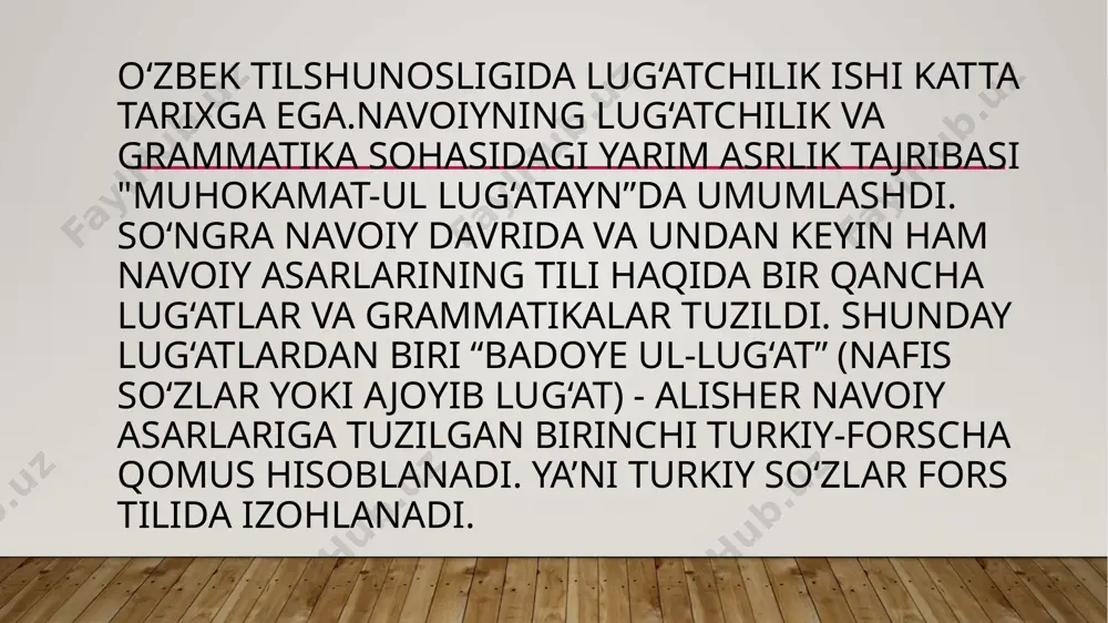 yning “kelurnoma” asaridir. uzbekcha-tojikcha hisoblangan bu lugʻat 15 bobdan iborat. bunda feʼllarning infinitiv formasi, otning bongʻ kelishik formasi va uning forscha tarjimasi beriladi. масалан: оkумаk—хандан, оkыптур—ханда аст, оkур—хаҳад ханд, оkубды— ханда буд, оkуйдур—миханд, оkумады—на хапд, оkумаптур— на ханда буд, оkумас—на хаҳад ханд, оkумайды—на ханда буд, оkумайдур—нама ханд,оkу-бихан, оkума—махан, оkурбиз— миханим ма каби. lugʻat bir necha fasllarga boʻlingan. har bir faslida hayotnkng turli sohalariga oid soʻzlarga ieoh beriladi. masalan, “osmon”, “er”, “qushlar” kabi fasllarda shularga tegishli soʻzlar izohlanadi. fath alixon qojariy lug‘atida (xix asr) 8000 dan ortiq so‘z- ga izoh berilib, uning uchdan ikki qismi navoiy asarlaridan olingan misollar bilan bezalgan. lug‘at to‘rt qismdan: so‘z boshi, chig‘atoycha-forscha lug‘at; “sangloh” lug‘atida berilmagan o‘n ikki so‘z izohi; navoiy asarlaridagi forscha so‘zlar lug‘atidan iborat. lug‘atda navoiy biografiyasi hamda geografik, tarixiy va etnografik ma'lumotlar ham bor. xv—xix asrlar davomida oʻzbek tili haqida yaratilgan lugʻatlar yuzasidan quyidagicha xulosaga kelish mumkin: hamma lugʻatlarning tilida janubiy turkiy dialektlarning …