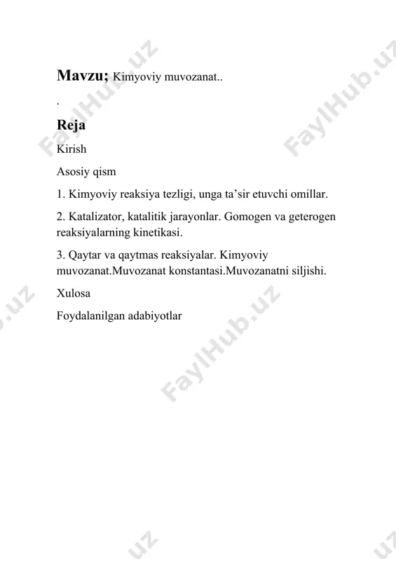 s2o3 q na2so4 q h2o q so2 q s geterogen sistemalarda esa, sistemani tashkil etuvchi fazalar sirtidagina reaksiya amalga oshadi. masalan, metallning kislotada erishi: fe q h2so4 q feso4 q h2 bu reaksiya fakat metall sirtida sodir bo’ladi, chunki reaksiyaga kirishuvchi ikkala modda shu sirtda bir biri bilan tuknashadi. gomogen reaksiya tezligi geterogen reaksiya tezligidan fark kiladi va ular xar xil aniklanadi. gomogen reaksiyaning tezligi reaksiyaga kirishayetgan yoki xosil bulayetgan moddalardan birortasining konsentratsiyasini vakt birligi ichida uzgarishi bilan aniklanadi. geterogen reaksiyaning tezligi esa vakt birligi ichida faza sirtining yuza birligida reaksiyaga kirishgan yoki xosil bo’lgan moddalarning mikdori bilan aniklanadi. gomogen reaksiya tezligini matematik usulda kuyidagicha ifodalanadi. vgomogen = c/ t geterogen reaksiya tezligi: vgeterogen = n/s* t har qanday reaksiyaning tezligi reaksiyaga kirishuvchi moddalarning tabiatiga, konsentrasiyasiga, haroratga, qattiq moddalarning sirt yuzasiga va maydalanish darajasiga, bosimga, katalizatorning ishtirok etish-etmasligiga bog'liq bo'ladi. reaksiyaga kirishuvchi moddalar tabiatining reaksiya tezligiga ta'siri. reaksiya tezligi moddaning …