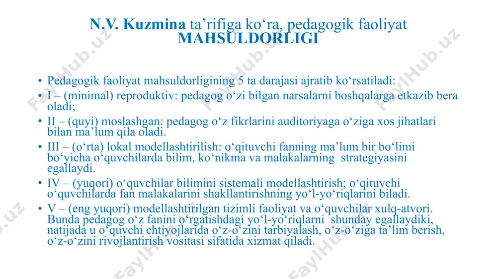 irishni bilishi; ijodiy hislatlari: - pedagogik mahoratini takomillashtirishga intilishi; - o‘quvchilarni tarbiyalay olish qobiliyati; - o‘quvchi nazari bilan qaray olishi; - shaxsga yangicha qaray olish qobiliyati; - pedagogik ta’siri natijalarini oldindan ko‘ra bilishi. - jamoatchilik va kasbiy yo‘nalishi; pedagogik mahorat va qobiliyati; xarakterining psixologik xususiyatlari; bilish faoliyati; kasbga tayyorlash ishlari darajasi. 4. pedagogning individual faoliyat uslubi. n.v.kuzmina pedagogik faoliyatga murakkab dinamik tizim sifatida qaraydi. pedagogik faoliyat tezligi va muvaffaqiyati asosida o‘qituvchilarni uch guruhga bo‘ladi: 1. kasbiy malakalarni tez o‘zlashtiradi, o‘z faoliyatida tezda muvaffaqiyatga erishadi, dars qoldirmaydi. 2. kasbiy sifatlarni sekin o‘zlashtiradi, ba’zan dars qoldiradi, ammo pedagogik xususiyatlarni sekin-asta bo‘lsa-da o‘zlashtirib oladi. 3. ko‘p yillik faoliyati davomida ham o‘qituvchilik qobiliyatini egallamaydi. nasiriddin tusiy o‘zining "o‘qituvchilarni tarbiyalash to‘g‘risida" degan asarida shunday deydi: "…o‘qituvchi munozaralarni olib borishni, rad etib bo‘lmaydigan darajadagi isbot qilishni bilishi, o‘z fikrlarining to‘g‘riligiga ishonishi, nutqi esa mutlaqo toza, jumlalari mantiqiy ifodalanadigan bo‘lishi lozim… o‘qituvchi nutqi hech qachon va hech …