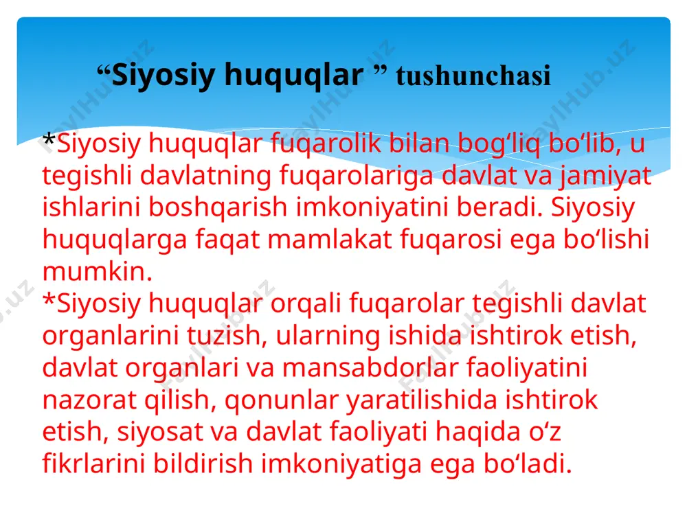 igi kerak. masalan, shunday tadbirlar o‘tkazilishi natijasida transport harakati to‘xtab qolsa yoki fuqarolar o‘zlari uchun zarur mashg‘ulotlar bilan shug‘ullanish imkoniyatidan mahrum bo‘lsa, buni boshqa fuqarolarning manfaatiga zarar keltiruvchi harakat deb qarash mumkin. miting, yig‘ilish, namoyish o‘tkazish tashkilotchilari bu tadbirlar nima uchun, qayerda, qachon o‘tkazilishi haqida hokimiyat organlariga xabar berishi va tadbir o‘tkazishga ularning roziligini olishi qonun doirasida belgilangan. o‘zbekiston respublikasining jinoyat kodeksi 217-moddasida: “yig‘ilishlar, mitinglar, ko‘cha yurishlari yoki namoyishlar o‘tkazish tartibini buzish” uchun jinoiy javobgarlik belgilangan. fuqarolar davlat va jamiyat ishlarida turli vositalar orqali ishtirok etadi. shulardan biri – fuqarolarning turli jamoat birlashmalari, harakatlarini tashkil qilish, ularga a’zo bo‘lib kirish huquqlaridir. konstitutsiyaning 34-moddasi birinchi qismida fuqarolar kasaba uyushmalariga, siyosiy partiyalarga va boshqa jamoat birlashmalariga uyushish, ommaviy harakatlarda ishtirok etish huquqiga egaligi mustahkamlangan. tashkilot, korxona, muassasalarda fuqarolar o‘zlarining iqtisodiy manfaatlarini himoya qilish, mehnat sharoitlarini yaxshilashni yo‘lga qo‘yish maqsadida kasaba uyushmalariga birlashadi. fuqarolar o‘z siyosiy qarashlari, manfaatlaridagi umumiylik asosida siyosiy partiyalarga birlashadi …