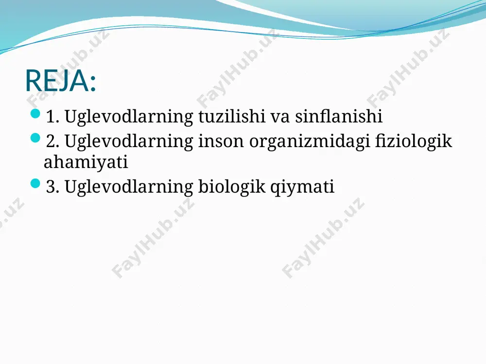 ladi. glikogen, ya’ni hayvon kraxmali deb ataladigan polisaxarid odam va hayvon, zamburug‘ organizmida zaxira oziq modda sifatida uchraydi. selluloza o‘simliklar tarkibida ko‘p bo‘lib, ular hujayra devorining asosini tashkil qiladi. o‘simliklar bargi to‘qimasining 15–30% i, yog‘ochligining 50% i sellulozadan iborat. uglevodlarning organizmda bajaradigan funksiyalari xilma-xil. uglevodlarning biologik qiymati uglevodlar asosan o’simlik mahsulotlari tarkibida ko’p miqdorda bo’ladi. odamning sutkalik ovqatidagi kaloriyaning 56 % uglevodlar hisobiga qoplanadi. katta yoshdagi odam bir kunda 350-450 gramm uglevod iste’mol qilishi kerak. asalda 80,3%, qandda 98,85 %, sigir sutida 4,7 %, bug’doy nonida 49 %, javdar nonida 44,4 %, bug’doy donida 66-75 %, dukkakli o’simliklarda 24-55 % gacha, go’shtda 1-2 %, jigarda 5%, qo’ziqorinda 1,6-34,5 % gacha, yeryong’oqda 12,5 %, pishloqda 1-1,3 %, sholi va makkajo’xorida 70-80 % gacha, shakarqamish poyasida 12 %, qand lavlagida 20-21 %, qovun mevasida 17 % gacha uglevod bo’ladi. uglevodlar odamning asosiy energiya manbai bo’lib muskullarning harakati uglevodlardan ajralgan energiya hisobiga qondiriladi …