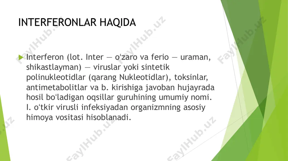 abasi orziqulova dinoraning mikrobiologiya fanidan tayyorlagan mustaqil ishi slide 2: mavzu: interferon va sitokenlar, sintezlanishi va ta’sir mexanizimi. slide 3: interferonlar haqida slide 4 slide 5 slide 6 slide 7 slide 8 slide 9 slide 10 slide 11 slide 12 slide 13