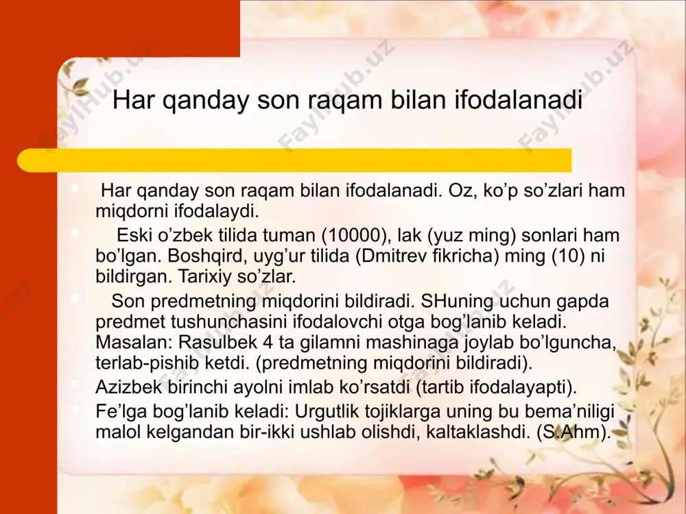h-harakatning bajarilish tartibini bildiradigan sonlar tartib son deyiladi. tartib son arab va rim raqamlari bilan ifodalanadi: 2000 – yil, 2 –sentyabrь, xiv bob. tartib son otga bog’lanib kelganda sifatlovchi-aniqlovchi, otlashganda esa to’ldiruvchi, kesim bo’lib keladi. –dan qo’shimchasini olib, kirish so’z vazifasini bajaradi. tartib sonlar ba’zan daraja, nav, tur ma’nolarini bildirib keladi: 1 – sinf xaydovchisi, 2-nav un, 1-tur o’yinlari. sonning tuzilish jihatdan turlari. sonlar tuzilishiga ko’ra 3 xil: 1. sodda sonlar; bir, ming, ellik. 2. murakkab sonlar: bir ming to’qqiz yuz ellik. 3. juft sonlar: besh-olti, o’ttiz-qirq, ming-ming. boshqa so’zlar, shuningdek,so’z birikmasi va gap o’rnida almashinib qo’llanuvchi, ularga ishora qiluvchi yoki so’roq bildiruvchi so’zlar ‘olmosh’ hisoblanadi. olmoshlarning aniq atash ma’nosi bo’lmaydi.uning qaysi ma’noda kelayotgani matnda qaysi so’z yoki gap o’rnida almashinib kelishiga qarab belgilanadi. olmoshlar ma’nosiga ko’ra quyidagi yetti guruhga bo’linadi kishilik olmoshlari: men,sen,u,biz,siz,ular o’zlik olmoshi: o’z ko’rsatish olmoshlari: bu,shu,o’sha,ana so’roq olmoshlari: kim?,nima?,qayer?,nega?,qancha?,qaysi kishilik olmoshlari belgilash olmoshlari: hamma,barcha,bari,har bir,har nima …