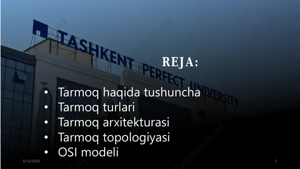 sonal area network) – inson atrofida qurilgan tarmoq 1 3 5 42 vlan virtual local area network – virtual lokal tarmoq gan global area network) – global (xalqaro, qit’alararo) tarmoq lan local area network – lokal tarmoq (bir ofis, bino ichidagi aloqa); can (corporate area network) – bir nechta tarmoqdan tashkil topgan tashkilotning yagona tarmog‘i 5/12/2025 10 uzoq kommunikatsiya tarmoqlari bilan ishlash tezligi, ularning fizik o‘lchoviga muvofiq: - lan ( local-area network) lokal tarmoq (bir ofis, bino ichidagi aloqa); -can (campus-area network) - kampus tarmoq, bir-biri bilan telefon yoki modemlar bilan ulanish, ammo yetarlicha bir-birlaridan uzoqda joylashgan kompyuter lokal ` tarmoq; - man (metropolitan-area network) katta tezlik bilan aloqa uzatish (100 mbit/s) imkoniyatiga, katta radiusga (bir necha o‟nkm) axborot uzatuvchi kengaytirilgan tarmoq; - wan (wide-area network) keng masshtabli (mintaqaviy) maxsus qurilma va dasturlar bilan ta’minlangan alohida tarmoqlarni birlashtiruvchi yirik tarmoq; - gan (global-agea network) global (xalqaro, qit‟alararo) tarmoq; http://hozir.org/uxoro-davlat-universiteti.html 5/12/2025 …