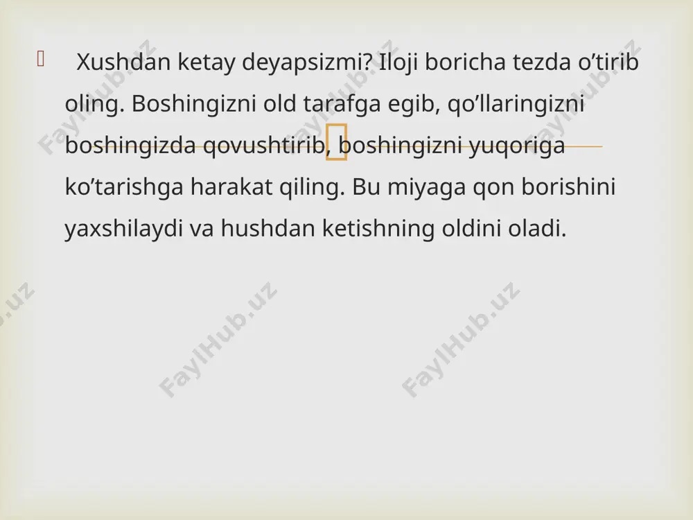 ’ziga emas, uning atrofiga, chetiga surtiladi.   eng xavflisi – arterial qon tomir jarohati, bu holatda jarohatdan alvon rangdagi qon oqadi. bunday qon oqishini zudlik bilan to’xtatishga harakat qilish zarur: kamar, belbog’ yoki bo’yinbog’ yordamida qon oqayotgan joyning sal yuqoriroq qismini qisib bog’lang.   e’tiboringiz uchun tekshirdi: baxavadinova z.m      image4.jpeg image5.jpeg image6.jpeg image7.jpeg image8.jpeg image9.jpeg image10.jpeg image11.jpeg image12.jpeg image13.jpeg image14.jpeg image15.jpeg image16.jpeg image17.png image18.jpeg image19.jpeg /docprops/thumbnail.jpeg