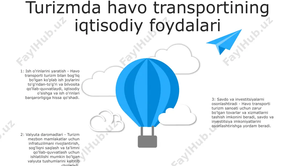 igini ta'minlash va xavfli narsalarning samolyotga kirishiga yo'l qo'ymaslik uchun qattiq xavfsizlik tekshiruvlari amalga oshiriladi. parvozlar xavfsizligi: havo transportida xavfsizlikni ta'minlash uchun xalqaro standartlar belgilangan va aviakompaniyalar ushbu standartlarga rioya qilishlari shart. samolyotlar muntazam texnik xizmat ko'rsatish va tekshiruvdan o'tkaziladi. 03 samolyot avariyalari: havo transporti boshqa transport turlariga nisbatan ancha xavfsiz. biroq, kamdan-kam hollarda bo'lsa-da, samolyot halokati sodir bo'lishi mumkin. bunday hollarda yo'lovchilarga favqulodda vaziyatlar haqida ma'lumot beriladi. havo transportidagi kelajak tendentsiyalari barqaror yoqilg'idan foydalanishning ko'payishi: aviakompaniyalar uglerod izini kamaytirish uchun bioyoqilg'i, elektr harakat va vodorod bilan ishlaydigan samolyotlardan foydalanishni o'rganmoqda. shaxsiylashtirilgan sayohat tajribasi: texnologiya aviakompaniyalarga yo'lovchilarning xohishiga ko'ra moslashtirilgan xizmatlarni taklif qilish imkonini beradi, masalan, parvozda moslashtirilgan ko'ngilochar va moslashtirilgan o'tirish tartiblari. texnologiyani aeroport faoliyatiga integratsiyalash: aeroportlar texnologik jihatdan yanada ilg‘or bo‘ladi, yo‘lovchilarga qulaylik va samaradorlikni oshirish uchun avtomatlashtirilgan ro‘yxatga olish, bagajni qayta ishlash va xavfsizlikni tekshirish jarayonlari mavjud. s w o t swot e'tiboringiz uchun rahmat @taqdimot_robot image12.jpg …