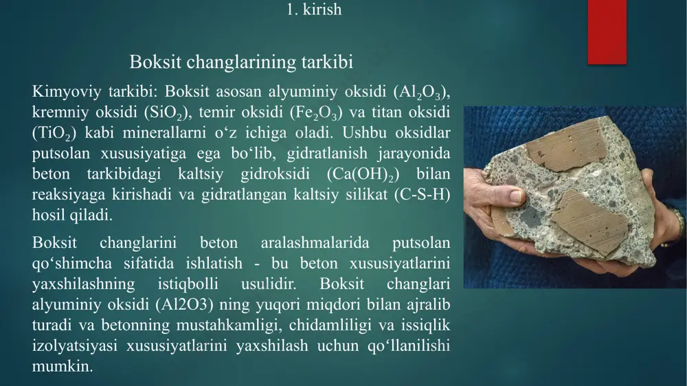 sit changlarining miqdori betonning xususiyatlariga taʼsir qiladi, shuning uchun optimal miqdorni aniqlash muhim. • betonning qattiqlashishini nazorat qilish: boksit changlari betonning qattiqlashish vaqtini oʻzgartirishi mumkin. • sifatni nazorat qilish: boksit changlarining sifati betonning xususiyatlariga taʼsir qiladi. xulosa xulosa qilib aytadigan bo'lsak, boksit changi qurilishda barqarorlikka hissa qo'shish bilan birga betonning ish faoliyatini yaxshilashi mumkin bo'lgan istiqbolli qo'shimcha hisoblanadi. boksit changlarini toʻgʻri ishlatish betonning mustahkamligi, chidamliligi va issiqlik izolyatsiyasi xususiyatlarini oshirishga yordam beradi. foydalanilgan adabiyotlar stroyfora.ru voskem.ru asninfo.ru gruntovozov.ru image6.png image7.png image2.png image3.png image4.png image5.png /docprops/thumbnail.jpeg