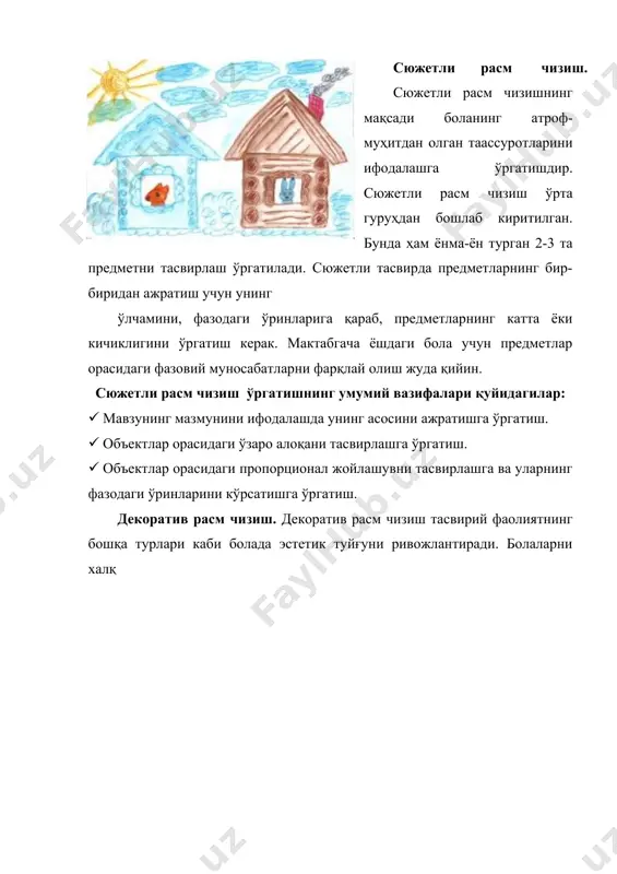 аро алоқани тасвирлашга ўргатиш. · объектлар орасидаги пропорционал жойлашувни тасвирлашга ва уларнинг фазодаги ўринларини кўрсатишга ўргатиш. декоратив расм чизиш. декоратив расм чизиш тасвирий фаолиятнинг бошқа турлари каби болада эстетик туйғуни ривожлантиради. болаларни халқ амалий санъати намуналари бил ан таништиришда тарбиячи ватанпарварлик руҳини шу санъат асарларини яратаётган одамларнинг меҳнатига ҳурмат каби туйғулар тарбияланади. декоратив расм чизиш қуйидаги умумий вазифаларни ўз ичига олади: · нақшнинг турлича шаклларини боғлиқ ҳолда композицион ҳисни шакллантириш; · ранг қобилиятларини ривожлантириш; · халқ амалий санъатининг стилларининг фарқлашга ва уларнинг алоҳида элементларини болаларнинг ўз ижодида фойдаланишга ўргатиш; · қалам ва мўйқалам билан чизишнинг техник кўникмаларини мустаҳкамлаш. болаларни декоратив расм чизишга ўргатишда тарбиячи уларда нақш компонентларининг ўзаро боғлиқлигини, рангини, композициясини шакл элементини кўришга ўргатади. декоратив расм чизишда ранг қобилиятининг ривожланиши асосий масала бўлиб ҳисобланади.болаларда расм чизиш кўникмаси асосан оғзаки нутқ орқали амалга оширилади. масалан: бола биронта қиз, уй расмларини чизиб, унга кичик эртак ҳам тўқиши мумкин. маълум мақсадли расм …