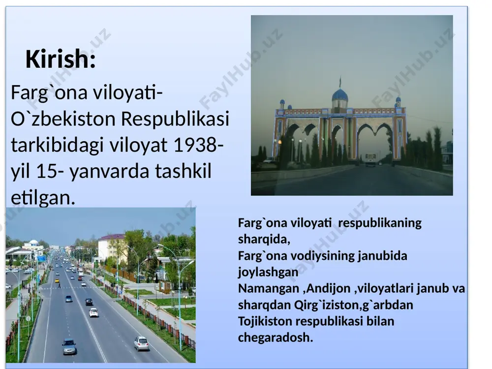 ik fabrikasi mavjud. chorvachilikda qoramol, qoʻy va echki, parranda boqiladi. viloyat jamoa va shaxsiy xoʻjaliklarida 511,9 ming qoramol (shu jumladan, 213,2 ming sigir), 431 ming qoʻy va echki, 1260,9 ming parranda bor (2004). viloyat temiryo‘l va avtomobil yo‘llari bilan yaxshi ta’minlangan. viloyatdan paxta tolasi va paxta moyi, shoyi, ip-gazlama, trikotaj mollar, quritilgan meva, meva konservalari, mineral o‘g‘it va sement jo‘natiladi. taxtayog‘och, har xil uskunalar, traktorlar, paxtachilik uchun zarur mashinalar, g‘alla, un, qand, keng iste’mol buyumlari keltiriladi. e`tiboringiz uchun rahmat image1.jpeg image2.jpeg image3.jpeg image4.jpeg image5.png image6.jpeg image7.jpeg image8.jpeg image9.jpeg image10.jpeg image11.jpeg image12.jpeg image13.jpeg image14.jpeg image15.jpeg /docprops/thumbnail.jpeg