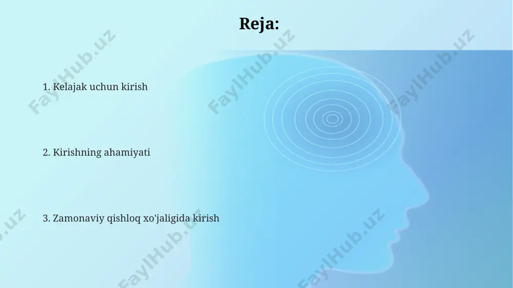 a oshirish mumkin. to'g'ri tanlangan urug'lik va zamonaviy texnologiyalarni qo'llash hisobida hosildorlikni 15-20% ga oshirish orqali iqtisodiy samaradorlikni sezilarli darajada yaxshilash mumkin. hosildorlikni yaxshilash zararkunandalar va kasalliklarga chidamli navlarni ekish, o'simlik himoya vositalarining qo'llanilishini 30% ga kamaytirib, hosildorlikni 25% gacha oshirishga yordam beradi. tuproq unumdorligini oshirish uchun organik o'g'itlar qo'llash, kimyoviy o'g'itlarga nisbatan 2 barobar kam miqdorda qo'llanilishiga qaramay, hosildorlikni 10-15% ga oshirishi mumkin. hosildorlikni yaxshilashda zamonaviy sug'orish texnologiyalaridan, masalan, tomchilab sug'orishdan foydalanish 20-30% gacha suv tejash va hosildorlikni 15% ga oshirish imkonini beradi. tuproq unumdorligini oshirish tuproq unumdorligini oshirish uchun organik moddalar miqdorini 2-3% ga oshirish, humus miqdorini yaxshilash orqali tuproqning suv va havo o'tkazuvchanligini yaxshilash muhimdir. tuproq unumdorligini yaxshilash uchun biologik usullar, masalan, azotni bog'laydigan bakteriyalarni qo'llash orqali, hosildorlikni 10-15% ga oshirish mumkin. tuproq unumdorligini 15-20% ga oshirish uchun, balansli o'g'itlash tizimini qo'llash bilan birga, tuproqni chuqur haydash va tuproq eroziyasini oldini olish kerak. kirishning ahamiyati кириш, ўсимликларга …