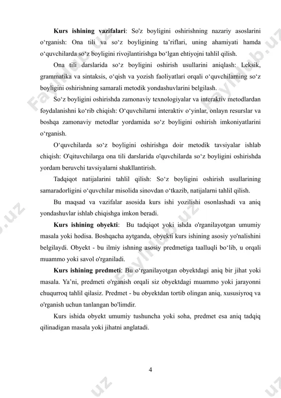 ilmiy va kritik fikrlashni rivojlantiradi. 4. ijodiy imkoniyatlarni kengaytiradi: so‘z boyligini oshirish ijod oʻquvchilarda soʻz boyligini oshirishning ijtimoiy va psixologik aspektlari ko‘p jihatdan muhim ahamiyatga ega. soʻz boyligi — bu nafaqat tilning rivojlanishi, balki o‘quvchining fikrlash va dunyoqarashini kengaytiruvchi, uning o'zini ifoda etish qobiliyatini oshiruvchi muhim omil hisoblanadi. quyida soʻz boyligini oshirishning ijtimoiy va psixologik tomonlari haqida batafsilroq ma'lumot beraman: ijtimoiy aspektlar: 1. muloqot va ijtimoiy integratsiya: oʻquvchilarning soʻz boyligini oshirish orqali ular o'z fikrlarini aniq va to‘g‘ri ifodalashni o‘rganadilar, bu esa ijtimoiy muloqotda muvaffaqiyatli bo'lishlariga yordam beradi. ularning jamiyatga moslashuvi va do‘stlik, mehnat jamoalari va o‘qituvchilar bilan o‘zaro munosabatlarini rivojlantirishga ta’sir qiladi. 2. madaniyatlararo muloqot: soʻz boyligini oshirish, turli madaniyatlar va ijtimoiy guruhlar bilan samarali muloqot qilish imkoniyatini yaratadi. boshqa tillarni yoki ijtimoiy guruhlarning an’analarini tushunish, o‘quvchilarga global miqyosda yaxshiroq muloqot qilish imkonini beradi. 3. o‘z-o‘zini ifoda etish va shaxsiy imij: soʻz boyligi o‘quvchilarga o‘z fikrlarini ishonchli va samarali …