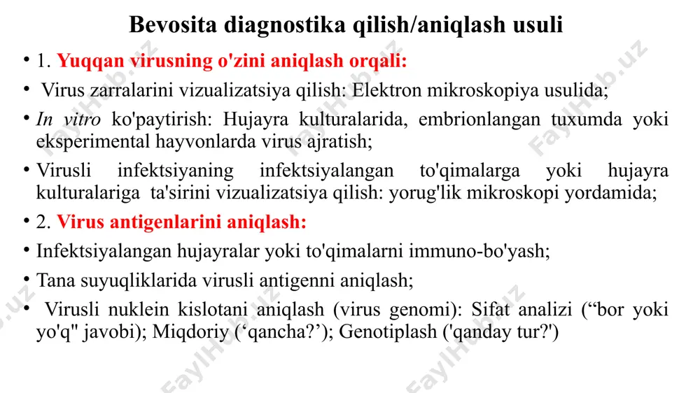 talab qilishi bilan alohida o‘rin tutadi. bu usullar antigen (ag) va antitananing (at) o‘zaro ta’siriga asoslangan bo‘lib, aglyutinasiya, presipitasiya, immunodiffuziya va nishonlangan moddalarga asoslangan usullarga bo‘linadi va o‘zining sezgirligi bilan bir-biridan farq qiladi. usullarning sezgirligi darajasi jadvalda keltirilgan. усуллар номи аниқ. вирус усул cезгирлиги текшириш вақти томчи усули тмв 1-10 мкг/мл 30-60 мин мпр кхв 0,5 мкг/мл 24 соат лу кхв, кsв 0,1-0,5 мкг/мл 10-60 мин паллас - тест кyв 0,01-0,5 мкг/мл 4-10 мин индикатор ўсимлик тмв 0,5 мкг/мл бир неча кун рид кхв 1 мкг/мл 24-48 соат иид кхв 1-10 мкг/мл 24-48 соат иэф втм 0,1-4 мкг/мл 48 соат тгар хвк 0,075мкг/мл - бфу тмв 0,1-0,5 мкг/мл 10-20 мин вба жпмв 0,2 мкг/мл 1-2 мин риа гкмв 10-300 нг/мл 1-2 соат ифа кхв 0,1-1 нг/мл 2-3 соат турли иммунологик усуллар сезгирлигини солиштириш immunologik usullar: immunologik usullarning qiyidagi turlari ma’lum: agglyutinatisyaga asoslangan prisipitatsiyaga asosslangan nishinlangan moddalarga asoslangan diffuziga asosslangan presipitatsiyaga …