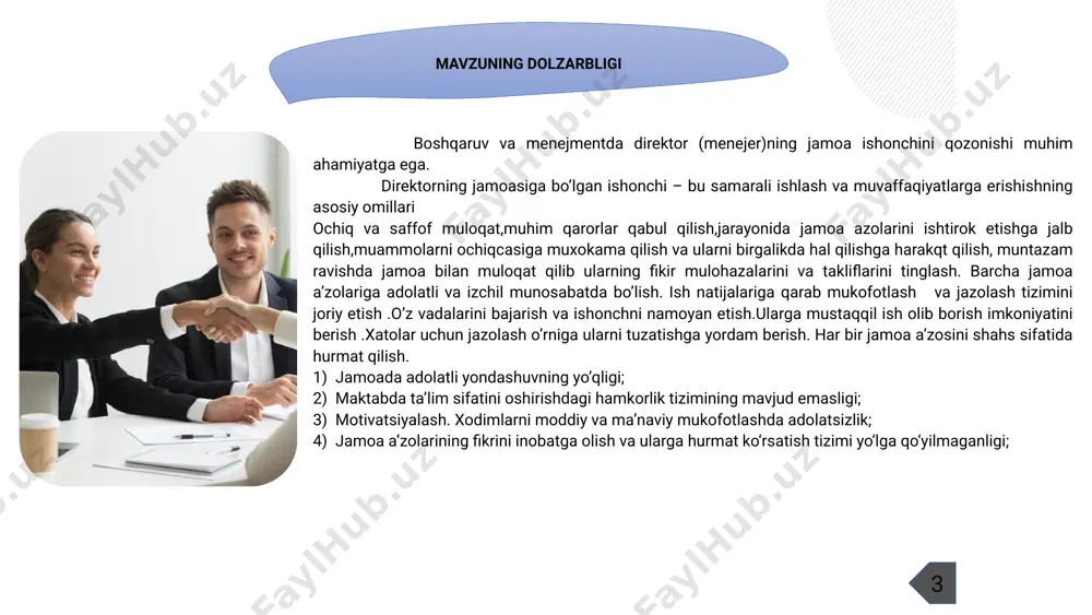 zaxidov. — toshkent: «o‘zbekiston faylasuflari milliy jamiyati» nashriyoti, 2018 “ta’sir psixologiyasi” robert chaldini info capital books nashriyoti, 2022 o‘zbekiston respublikasining mehnat kodeksi 30.04.2023 yildagi yangi tahriri o’zbekiston respublikasi konstitut siyasi boshqaruvda direktor (menejer)ning jamoa ishonchini qozonishdagi muhim omillar boshqaruvda direktor (menejer)ning jamoa ishonchini qozonishda: – smart mezonlar, aniq maqsadlarni belgilash, ishonch muhitini yaratish, kasbiy ko‘nikmalarni rivojlantirish hamda rag‘batlantirish orqali xodimlar ishonchini qozonish maqsad 5 boshqaruvda direktor (menejer)ning jamoa ishonchini qozonishdagi muhim omillar vazifa 6 ochiq muloqotga erishish. rahbar o‘z xodimiga fikrini bayon qilishiga imkon berishi faoliyatga doir qarorlarni qabul qilishda oshkoralik, shaffoflik va adolatni ta’minlash xodimlar erishgan muvvaffaqiyatlarni o‘z vaqtida e’tirof etish va rag‘batlantirish rahbar fidoyi, ma’suliyatli, qat’iyatli, jur’atli, jamoasi manfaati yo‘lida jonkuyar bo‘lishi boshqaruvda direktor (menejer)ning jamoa ishonchini qozonishda muhim omillar amerika qo‘shma shtatlarida–kompaniya rahbarlari jamoa ishonchini qozonishda ochiq kommunikatsiya va shaffoflikka katta e’tibor qaratadilar. “leadership” (yetakchilik) kurslari orqali menejerlar o‘z jamoalariga qanday ishonch bildirishi va o‘zgarishlarga qanday moslashishi …