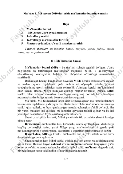 ms access 2010 dasturida ma’lumotlar bazasini yaratish — DOCX