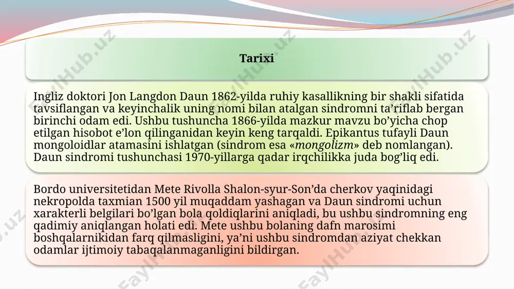 bermaydi va bajarilgan tekshiruv natijasida homilador ayollarning daun sindromi bo’lgan homilaga ega bo’lish ehtimoli baholanadi. ikkinchi bosqichda, xavf guruhiga kirgan ayollar homilasida daun sindromini aniq tahlil qilish uchun zarur bo’lgan homilalik materialni olish uchun invaziv muolaja o’tkaziladi. homiladorlikning davomiyligiga qarab, bu material xorionik kipriklar biopsiyasi (8-12 hafta), amniosentez (14-18 hafta) yoki kordotsentez (keyingi davrlarda) bo’lishi mumkin. homiladan olingan to’qima namunalarida xromosoma to’plami aniqlandi. tug’ruqdan keyingi tashxis odatda, daun sindromiga quyidagi tashqi belgilar hamrohlik qiladi («daunsayd ap» broshyurasidan olingan ma’lumotlar bo’yicha): «yassi yuz» — 90% braxisefaliya (kalla suyagining anomal kaltaligi) — 81% yangi tug’ilgan chaqaloqlar bo’ynidagi terining qatlamliligi — 81% epikantus (ko’z yorig’ining medial burchagini qoplovchi vertikal teri qatlami) — 80% bo’g’imlarning giperharakatchanligi — 80% mushaklarning gipotoniyasi — 80% ensaning yassiligi — 78% qo’l-oyoqlarning kaltaligi — 70% braximezofalangiya (o’rta falangalarning kam rivojlanganligi sababli barmoqlarning kaltaligi) — 70% 8 yoshdan keyin katarakta rivojlanishi — 66% og’izning ochiqligi (muskul tonusining pastligi va tanglayning …