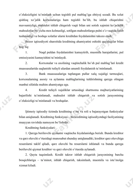 abat shunday aniqlanadiki, kreditor qarz oluvchiga resurslarni taklif qiladi, qarz oluvchi bu resurslarni ishlatadi va bunda qarzga beriluvchi qiymat kreditor va qarz oluvchi o’rtasida aylanadi. 2. qayta taqsimlash. kredit takror ishlab chiqarish jarayonining barcha bosqichlariga – ta’minot, ishlab chiqarish, taksimlash, muomila va iste’molga xizmat kiladi. ushbu funksiya yordamida korxonalar, tashkilotlar, davlat va shaxsiy sektorning bo’sh pul mablag’lari va daromadlari ssuda kapitaliga aylantiriladi va vaqtincha foydalanishga, muayyan to’lov asosida beriladi. bu funksiya yordamida ishlab chiqarishdagi proporsiyalar va pul kapitali harakati boshqarilib turiladi. 3. muomila harajatlarini tejash. bu funksiya yordamida nakt pulsiz hisob-kitoblar rivojlantirilib, hisob-kitoblarni tezligini va kam harajatliligi ta’minlanadi. kapitalning muomilada bo’lish vaqtini tejalishi uning ishlab chiqarishda bo’lish vaqtini oshiradi va ishlab chiqarishni kengaytirishga, foydani ortishiga olib keladi. 4. kapital to’planishining jadallashuvi va markazlashuvi. kapital to’planishi jarayoni iqtisodiy rivojlanishning barqarorlashuvi va xo’jalik yurituvchi subyektning o’z maqsadiga erishishining muhim sharti hisoblanadi. bu ishlab chiqarishni kengaytirish uchun kredit yordamida katta xajmdagi mablag’ga ega …