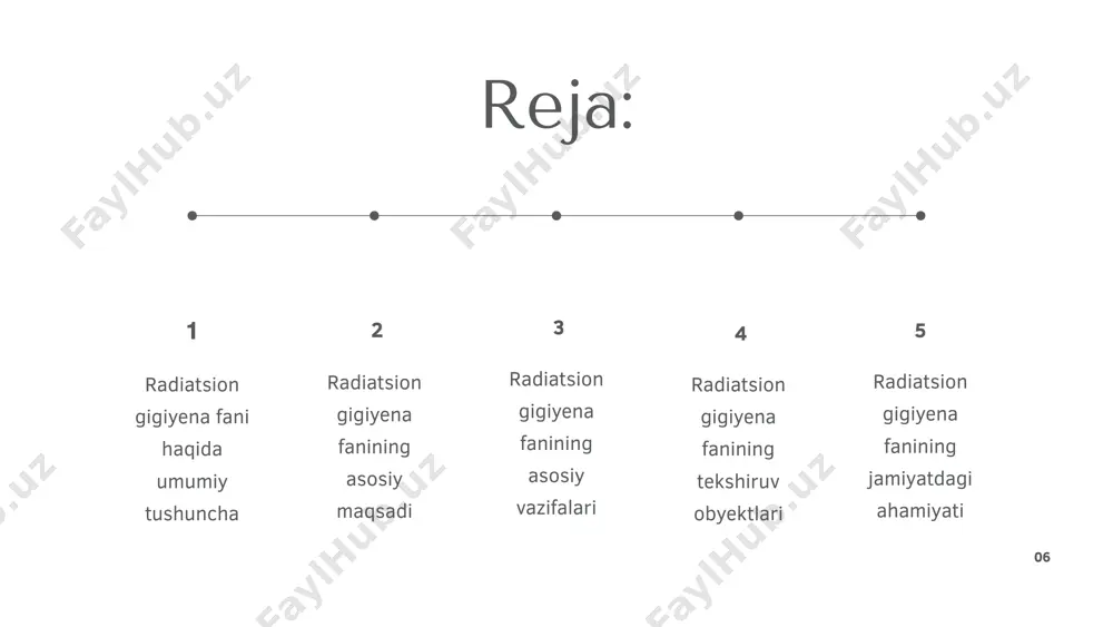 nologiyalarini qo‘llaydigan ishlab chiqarish joylari. ilmiy-tadqiqot ob’ektlari: atom fizikasi laboratoriyalari, yadro tadqiqot markazlari. aholi yashaydigan hududlar: radon gazining chiqishi mumkin bo‘lgan joylar, uran rudasiga yaqin qishloqlar, yadro chiqindilari saqlanadigan hududlar 04 tavsiya radiatsion gigyena fanini chuqur o‘rganish inson salomatligini nurlanishdan himoya qilishda muhim ahamiyatga ega. bu fan orqali xavfli radiatsiya manbalarini aniqlash, ularning ta’sirini baholash va oldini olish choralarini to‘g‘ri qo‘llash mumkin. shuning uchun har bir tibbiyot xodimi radiatsion xavfsizlik asoslarini bilishi zarur. xulosa radiatsion gigiyena – zamonaviy tibbiyot va ekologiyaning ajralmas bo‘lagi bo‘lib, inson salomatligi va atrof-muhitni ionlashtiruvchi nurlanishdan himoya qilishda muhim rol o‘ynaydi. bu fan yadro texnologiyalari tez rivojlanayotgan bugungi davrda yanada dolzarb ahamiyat kasb etmoqda. radiatsion xavfsizlikni ta'minlash, mehnat sharoitlarini yaxshilash, aholining salomatligini saqlashda ushbu fan yutuqlari beqiyosdir. foydalanilgan adabyotlar: xolmatov a.x., g‘ulomov a.k. – gigiyena va ekologiya, toshkent, 2018. mamatqulov i.s. – radiatsion gigiyena asoslari, toshkent tta, 2020. who – radiation protection and safety of radiation …