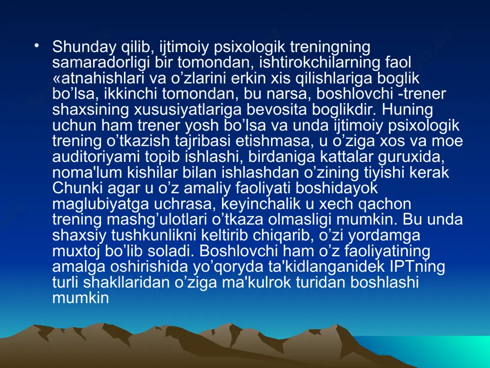 in-ketin tarelkalarni bosib, botqoqlikdan uta boshlaydilar, atrofda esa karokchi "timsoxlar" bor. ular bushab qolgan tarelkalarni olib kuyadilar. maqsad - har bir gurux a'zosi tarelkalardan oyokni o’zmasligi, xech bo’lmaganda, bir oyokni uchi bilan ularni bosishi kerak agar gurux a'zolari ittifok bo’lib, ular harakatlarida muvofiklik yo’zaga kelsa, albatta botqoqlikdan mag’lubiyatsiz o’tadilar va birorta likopchani timsoxlarga bermaydilar. 6. "telefon" o’yini. gurux a'zolari navbat bilan telefonda o’zi tanlagan abonent bilan 30 sekund mobaynida o’zi xoxlagan mavzuda gaplashadi. ko’zatuvchilar uning o’zini tutishi, klient bilan muomalasi, narigi tarafdagi shaxs bilan gaplashuvchi o’rtasidagi yakinlik o’zaro munosabatlarni taxlil qiladilar va keraqli maslaxatlar beradilar. 7. "intervyu" o’yini. boshlovchi va protagonist interver sifatida turli toifali shaxslardan (vazir, artist, rektor, maktab direktori va xokazo) intervyu olinishi aytiladi, u o’zi bir a'zoni shu rolga tavsiya etadi. taxlilda nima uchun aynan shu kishi shu^olga tavsiya etilgani haqida ham fikr bildiriladi. "o’zga bo’lish san'ati" va oliy darajali muloqot texnikasi mashq qilish. 8. "xushomad qilish" …
