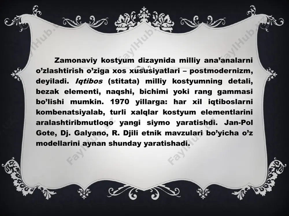 har xil milliy tushunchalarni, ko’pincha bir-biriga o’xshamaydigan, teng huquqlikni nazarda tutadi. zamonaviy modada bir xil modali shaklning etaloni, har bir insonning individualligini qadrlamoqda. 5 kostyum loyihalashda yangicha yondashish sharqona kostyumning o’zgarishi va transformastiyalariga moyil erkin loyihalarini shuningdek kiyinishdagi individuallikning yevropacha ananalariga xos xususiyatlarini birlashtirgan yapon dizaynerlariga ham taaluqlidir. aynan yapon dizaynerlarining ijodi, madaniy an’analar muloqotining yuksak namunalarini o’zida mujassamlashtirda, yevropalik bo’lmagan dizaynerlardan aynan yaponlar modasiga juda katta ta’sir etishdi. kostyum dizaynida “ yapon yo’nalishi “ borligini tan olishimiz mumkin. 6 yapon dizaynerlari zamonaviy kiyim yaratganda an’anadagi kiyimning shaklini o’zgartirmay badiiy ijodiy an’analarini tanqid etishadi. dastavval ular qulay oddiy, univrsal bo’lgan sharq kiyimining bichimini asos qilib olishadi. erkin bichim sharq kiyimining muhim xossasi tanava kiyim orasida ma’lum masofa hosil qiladi. yapon kiyimi asosida oddiy geometrik shakllar – to’tburchak va trapetsiya namoyon bo’ladi. zamonaviy modellashda o’ralishga, buyumlarni upakovka qilishga, kiyimdako’p qavatlikka yaponlar qiziqishi seziladi. bu xususiyat yapon an’anasiga taaluqlierkinliksiz,tengsiz go’zallik hosil bo’ladi. …