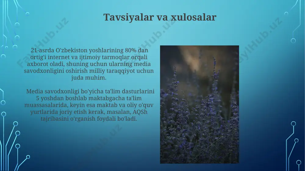ellekt texnologiyalarining jadal rivojlanishi yosh avlodning media savodxonligini oshirishni talab qiladi. onlayn xavfsizlik va xavfsizlik интернетдаги ёлғон ахборотларнинг тарқалиши, хусусан, 5 ёшдан катта болалар орасида, жаҳон бўйлаб 20% га ошганлиги сабабли, танқидий фикрлаш кўникмаларини ривожлантириш жуда муҳим. 2022 йилдаги статистикага кўра, тошкент шаҳридаги 10-14 ёшли болаларнинг 35% онлайн ўйинларда учрайдиган кибертажовузкорлик ва ҳақоратларга дуч келишган. axborotni tanlash va baholash ўзбекистондаги мактабларнинг 30%ида ахборот саводхонлиги бўйича махсус дарслар ўтилмайди, бу эса ёшларнинг ахборотни танлаш ва баҳолаш қобилиятларига салбий таъсир кўрсатиши мумкин. маълумотни танлашда 7 ёшдан 12 ёшгача бўлган болаларнинг 80%и youtube ва бошқа онлайн платформалардан фойдаланади, бу эса уларнинг ахборотни танлаш ва баҳолаш кўникмаларини ривожлантириш учун муҳимдир. e'tiboringiz uchun rahmat @taqdimot_robot image3.jpg image4.jpg image5.jpg image6.jpg image7.jpg image8.jpg image9.jpg image10.jpg image11.jpg image12.jpg image13.jpg image14.jpg image15.jpg image16.jpg image17.jpg image2.png