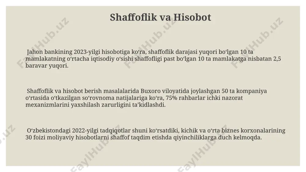 iy qoida bo‘lib, toshkentdagi kompaniyalarning 80%ida qo‘llaniladi va xodimlar o‘rtasidagi ishonchni 20% ga oshirishga yordam beradi. korrupsiyaga qarshi kurash bo‘yicha 3 ta asosiy qoida samarqand viloyatida joylashgan davlat korxonalarida qat’iy qo‘llanilib, moliyaviy yo‘qotishlarni 15% ga kamaytirgan. e'tiboringiz uchun rahmat @taqdimot_robot