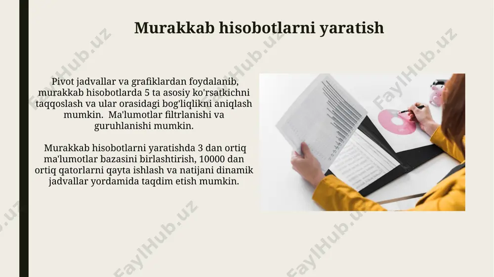 va funksiyalar (sum, average, countif va boshqalar) yordamida murakkab hisob-kitoblarni amalga oshirib, o'zgaruvchan parametrlarga ega bo'lgan 3 dan ortiq turdagi dinamik hisobotlar tayyorlash mumkin. pivot jadvallar yordamida katta hajmdagi ma'lumotlarni (masalan, 50,000 qator) tezda tahlil qilib, kerakli ko'rsatkichlar bo'yicha filtrlash va guruhlash orqali ixtisoslashtirilgan hisobotlar yaratishingiz mumkin. pivot jadvallar bilan ishlash pivot jadvallar filtri funksiyasi orqali 5000 ta mijoz orasidan ma'lum bir guruhlarni tanlab, ular bo'yicha batafsil tahliliy hisobotlarni avtomatik ravishda generatsiya qilish imkonini beradi. pivot jadvalda "calculated field" funksiyasi yordamida, ikki yoki undan ortiq ustunlarni birlashtirib, yangi ko'rsatkichlar (masalan, foyda marjasi)ni hisoblab chiqish va natijalarni grafik ko'rinishda taqdim etish mumkin. e'tiboringiz uchun rahmat @taqdimot_robot image1.jpg image2.jpg image3.jpg image4.jpg image5.jpg image6.jpg image7.jpg image8.jpg image9.jpg image10.jpg image11.jpg