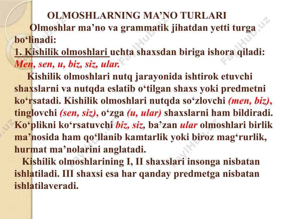 o‘zidan keyin so‘roq olmoshi yoki narsa, bir so‘zini keltirish bilan yasaladi: hech kim, hech qanaqa, hech narsa, hech bir kabi. bu olmoshlar egalik, kelishik qo‘shimchalari bilan qo‘llanadi: bu sirni hech kimga aytma. bo‘lishsizlik olmoshi ishtirok etgan gapning kesimi inkor shaklida bo‘ladi: hech kim unutilmaydi. kimsa so‘zi ham bo‘lishsizlik olmoshlari o‘rnida qo‘llanishi mumkin: buni kimsa (hech kim) bilmasligi kerak. bo`lishsizlik olmoshlari har doim qo`shma olmoshlar sanaladi va ajratib yoziladi: hech kim 7.gumon olmoshlari mavjud, ammo noma’lum bo‘lgan narsa-shaxs, belgi va miqdorni anglatadi. gumon olmoshining ma’nosi matnda ochilmay qoladi. gumon olmoshlari, asosan, so‘roq olmoshlarigan so`ng -dir elementini qo‘shish orqali (kimdir, nimadir, qaysidir); so‘roq olmoshlarigan oldin alla elementini qo‘shish orqali (allanima, allaqaysi); so‘roq olmoshlari yoki narsa so‘zidan oldin bir so‘zini keltirish orqali (bir qancha, bir narsa) yasaladi. (ba’zan bir nima birikmasi bo‘lishsizlik olmoshi o‘rnida kelishi mumkin: buni ko‘rib, bir nima demadi). bu olmoshlar birlik va ko‘plikda (allakimlar) keladi, kelishiklarda turlanadi (kimnidir). aslida bir …