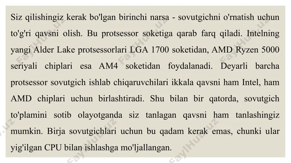 toj. oddiy havo sovutgichni quvvat bilan ta'minlash suyuq sovutgichda barcha simlarni ulashdan ko'ra osonroqdir. muxlislar soniga qarab, ulanishlarni osonlashtirish uchun siz kontrollerdan foydalanishingiz mumkin. shunday qilib, siz o'zingizning qurilmangiz uchun cpu sovutgichini muvaffaqiyatli o'rnatdingiz. qurilish uchun eng yaxshi cpu sovutgichini tanlash juda muhimdir. tanlash uchun juda ko'p protsessor sovutgichlari mavjud, shuning uchun qurilmangizga mos keladiganini tanlashni unutmang. protsessor bilan birlashtirilgan sovutgichlar protsessorlarning issiqlik quvvatini zaxira sozlamalari ostida ushlab turish uchun etarli. agar siz protsessorni overclock qilishni rejalashtirmoqchi bo'lsangiz, yaxshiroq uchinchi tomon sovutgichiga o'tishni tavsiya qilamiz. image2.jpg image3.png image4.png image5.png image6.png image7.png image8.png /docprops/thumbnail.jpeg