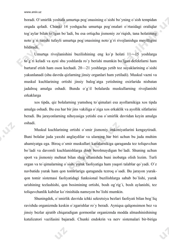 qon tomirlariga qaraganda tezroq o`sadi. bu jarayon yurak-qon tomir sistemasi faoliyatidagi funksional buzilishlarga sabab bo`lishi, yurak urishining tezlashishi, qon bosimining ortishi, bosh og`rig`i, bosh aylanishi, tez toliquvchanlik kabilar ko`rinishida namoyon bo`lishi mumkin. shuningdek, o`smirlik davrida ichki sekretsiya bezlari faoliyati bilan bog`liq ravishda organizmda keskin o`zgarishlar ro`y beradi. ayniqsa qalqonsimon bez va jinsiy bezlar ajratib chiqaradigan gormonlar organizmda modda almashinishining katalizatori vazifasini bajaradi. chunki endokrin va nerv sistemalari bir-biriga uzviy bog`liqdir. shunga ko`ra o`smirlik davri bir tomondan quvvatning keskin ortishi va ikkinchi tomondan patogen ta`sirlarga o`ta sezgirligi bilan xarakterlanadi. shuning uchun aqliy yoki jismoniy ortiqcha toliqish, uzoq muddatli asabiy zo`riqish, affektlar, kuchli salbiy hissiyotlar (qo`rqish, g`azab, xafagarchilik) endokrin buzilishlarga ( menstrual siklning vaqtincha buzilishiga) va nerv sistemasi vazifasining buzilishiga sabab bo`lishi mumkin. bunday buzilishlar ta`sirlanuvchanlikning ortishi, o`zini tuta bilmaslik, parishonxotirlik, ishda mahsuldorlikning pasayishi, uyquning buzilishi kabilarda namoyon bo`ladi. o`smirlik davrida endokrin va nerv sistemalari faoliyatining bolalik davrida mavjud bo`lgan muvozanati buziladi, …