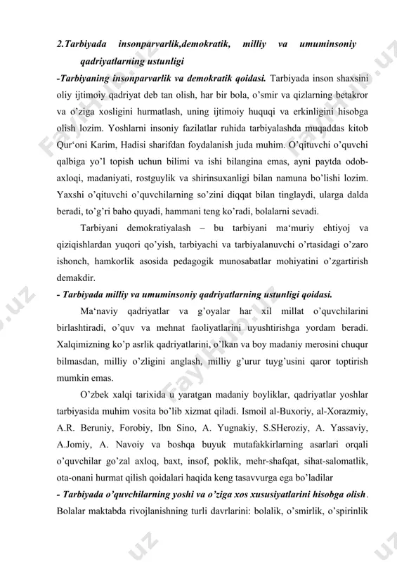rivojlanishning turli davrlarini: bolalik, o’smirlik, o’spirinlik pallalarini bosib o’tadilar. bolalarning yoshi rivojlanish darajasiga ko’ra ularga beriladigan tarbiyaning mazmuni o’zgarib boradi, yoshi ulg’aygan sari ularga talab ham ortadi. shu tufayli o’rta va katta yoshdagi bolalarni tarbiyalashda ularning mustaqilligiga suyanib ish ko’rish yaxshi natija beradi. tarbiya berishda o’quvchilarning yosh xususiyatlaridan tashqari, har qaysi bolaning o’ziga xos xususiyatlarini (mijozi, fazilatlari, qobiliyat va mayllari, qiziqishlarini) hisobga olish ham katta ahamiyatga ega. masalan: bir o’quvchiga nisbatan muvofiq bo’lgan tarbiya uslubini boshqa o’quvchiga nisbatan qo’llaganda u kutilgan natijani bermasligi mumkin. demak, har bir o’quvchining qobiliyati, qiziqishi, his-tuyg’ularini kuchli va zaif jihatlarini hisobga olish tarbiyani to’g’ri yo’lga qo’yish imkoniyatini beradi. 3. tarbiyaviy ishlarning izchilligi, tizimliligi hamda birligi. yoshlar bilan olib boriladigan har bir tarbiyaviy ish butun tarbiya ishlarining ajralmas bir qismi sifatida amalga oshirilganda uning ta‘siri kuchli bo’ladi. tarbiya ishidagi izchillik va tizimlilik shundan iboratki, har bir tarbiya ishi maktabning umumiy tarbiyaviy rejasiga asosan ma‘lum izchillikda amalga …