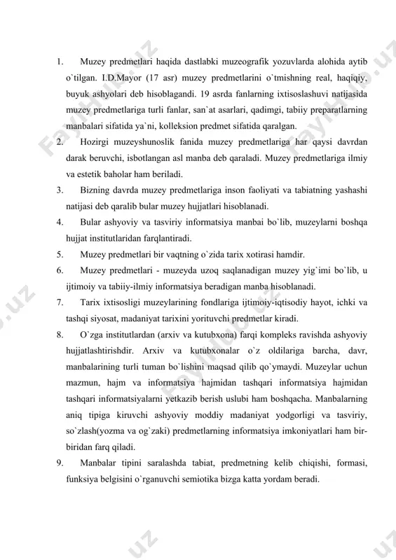 otika bizga katta yordam beradi. 10. ba`zi predmetlar moddiy ishlab chiqarish asnosida paydo bo`ladi. bular ashyoviy manbalar hisoblanib, bizning tilda moddiy madaniyat yodgorligi deyiladi. 11. ashyoviy manba ishonchli, daliliy bo`lib, ikkinchi tomondan informatsion imkoniyati cheklangan. ashyoviy manba-mavhum tushunchalarni ifodalamaydi. hatto muzey ashyolaridan tangani olsak ham uning ahamiyati aniq. 12. boshqa manbalar- yozma, tasviriy, fonoyozuvlar orqali keng tushunchaga ega bo`lamiz. tasvirda sezgi orqali seziladigan rang konfiguratsiyalar mavjud. bular semiotikada tasviriy manba deyiladi. ulardagi ashyosi formasi, rangi aniq ko`rinadi. semiotika buni ikonik manbalar deydi. ularga tasviriy san`at asarlari (rasm, grafika, badiiy plakat, haykaltaroshlik) kiradi. sxematik tasvirga ega bo`lgan chizmalar, rejalar, kartalar, aniq razmer, geometrik forma to`g`risida aniq ma`lumotlar bera oladigan turga kirib sxematik tasvir deyiladi. 13. yozma manbalar aniq-ko`rinishlar orqali emas - belgi-so`z ramzi bo`lib xizmat qiladi. yozma manbalar keng ma`lumot bergan oladi. ularga xronikalar, yilnomalar, qonunchilik hujjatlari, senatistik-dalillar, ilmiy ishlar, noyob kitoblar va boshqalar kiradi. 14. yozma manbalarni uch guruhga bo`lish …