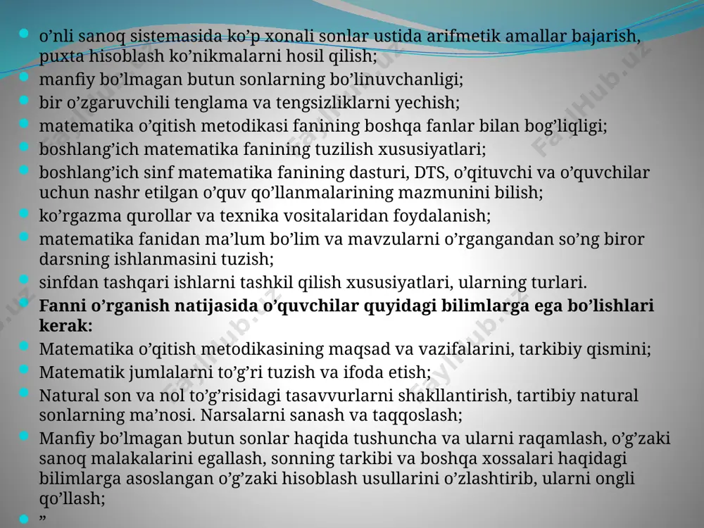 chi: sanokda 9 sonidan keyin keladigan sonni qanday hosil kilish mumkin? o’quvchi: 9 ga 1 ni qo’shish kerak. o’qituvchi: 9 ta chupga 1 ta chupni qo’shib kuying, chuplar nechta buldi? o’quvchi: 10 chup yo bitta untalik. o’qituvchi: sanokda 10 sonidan keyin keladigan sonni qanday hosil kilish mumkin? o’quvchi: 10 ga birni qo’shish kerak. o’qituvchi: bitta untalikni bogla, yana bitta chup kuying. chuplar xammasi bulib nechta buldi? o’quvchi: 11 ta chup. o’qituvchi: sizda xammasi bulib nechta untalik va nechta aloxida chup buldi? o’quvchi: 1 ta untalik va yana butta chup. o’qituvchi: demak, 11 sonida nechta untalik va bir bor ekan? o’quvchi: 11 sonida 1 ta o’nlik va bitta bir bor. 9+1=10 10+1=11 11=1 o’n 1 bir 10=1 o’nlik 1 o’n +1=11 1 o’n 1 bir=11 yozma nomerlash 10 dan katta sonlarni yozma nomerlash sanokda birliklarni o’nli gruppalashga va rakamlarning urin kiymatlari printsipini kullashga asoslangan: ungdan chapga karab sanalganda birliklar birinchi uringa, …