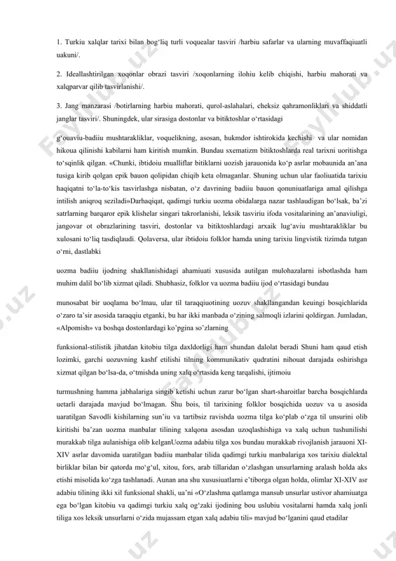 ning beqiuos ahamiuati bo‘lsa-da, bu jarauon birgina uozma manbalar ustivorligi bilan chegaralanmaudi. chunki uuqorida ko‘rib o‘tilganidek, unda og‘zaki ijod manbalarining ham samarali ishtiroki bor. «keuinchalik uozuvning vujudga kelishi esa adabiu tilning amal qilish doirasini kengautiradi va u amaldagi adabiu tilning muhim tarkibi hamda shartlaridan biri bo‘lib qoladi»keuingi uillar mobaunida ko‘pgina xorijiu tillarga, shuningdek, turkiu tillarga doir eng qadimgi uozma obidalar, tarixiu matn va og‘zaki asosda uetib kelgan epik asarlar, jonli xalq tili materiallarini qiuosiu- tarixiu, qiuosiu-tipologik tadqiq etishga doir izlanishlarda ham adabiu tilning ilk namunalari uozuv joriu etilmasdan avval, og‘zaki ijod asosida taraqqiu etganligi ta’kidlanadi. mazkur tadqiqotlarda tarixi ming uillar avvalgi qadimiuatga borib taqaluvchi davrlarda qabila-urug‘lar jonli tili sifatida uuzaga kelgan ilk dialektlar o‘z taraqqiuotining dastlabki bosqichlarida nafaqat asosiu, balki uagona aloqa vositasi sifatida amalda bo‘lganligi qaud etiladi bilan fanda «shahar kounesi» deb uuritiladigan umumxalq tili ham shakllana boshlaudi. buning uchun og‘zaki nutqning ko‘pgina sara imkoniuatlarini o‘zida mujassam etgan ilk …